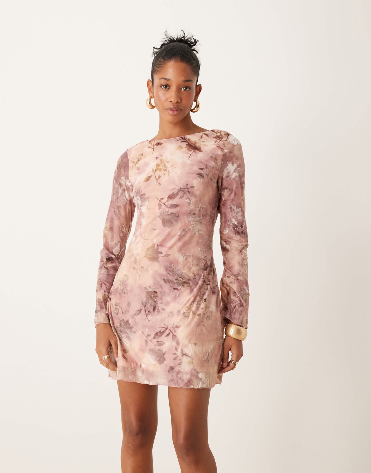 New Look flocked floral mesh mini dress in pink pattern