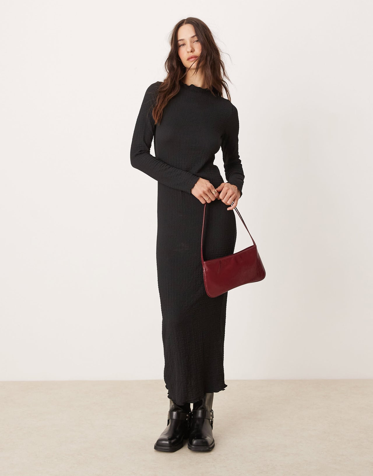 New Look crinkle long sleeve midi dress in black