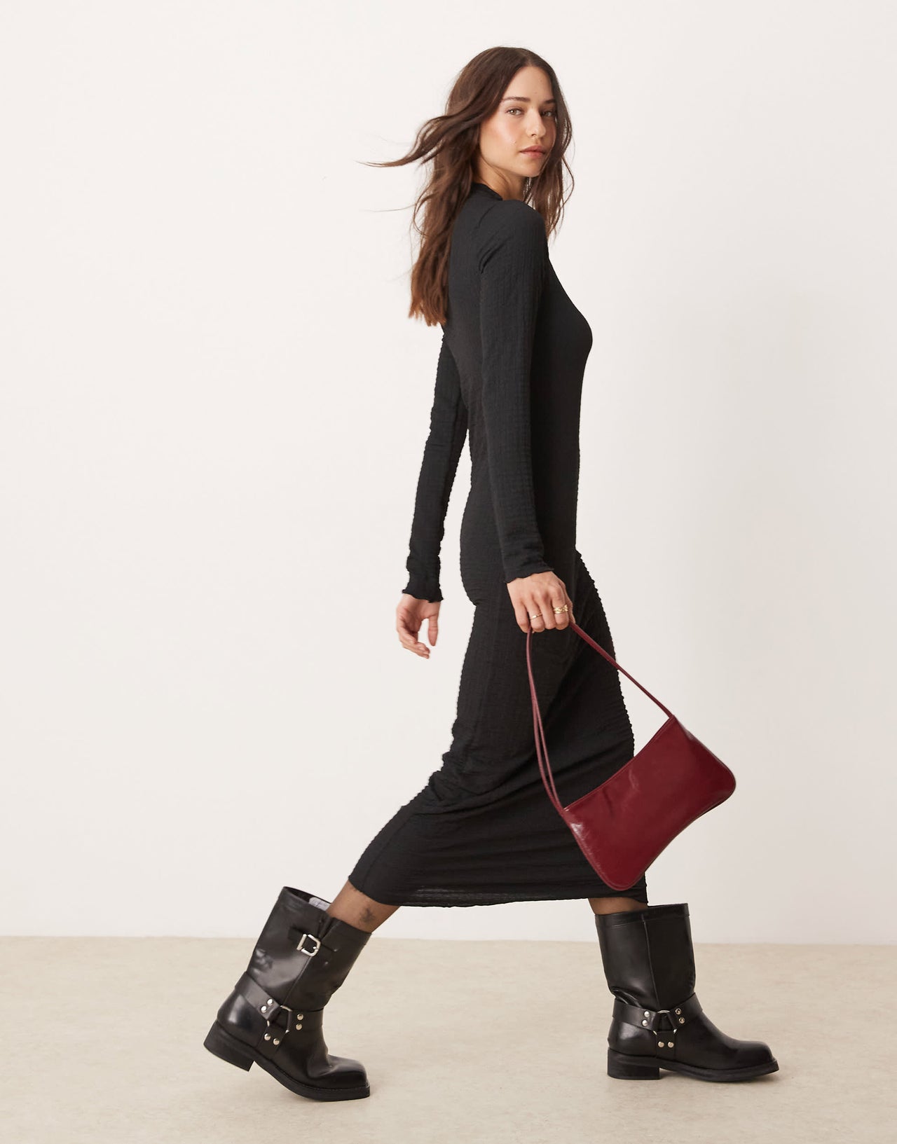 New Look crinkle long sleeve midi dress in black