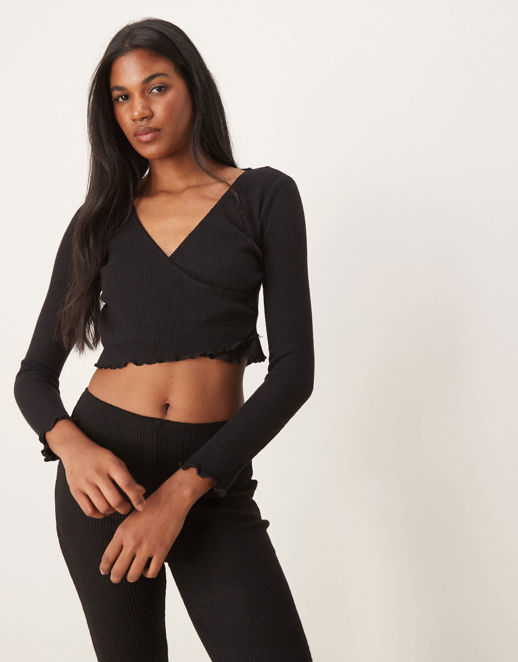 New Look co-ord ribbed wrap lounge top in black