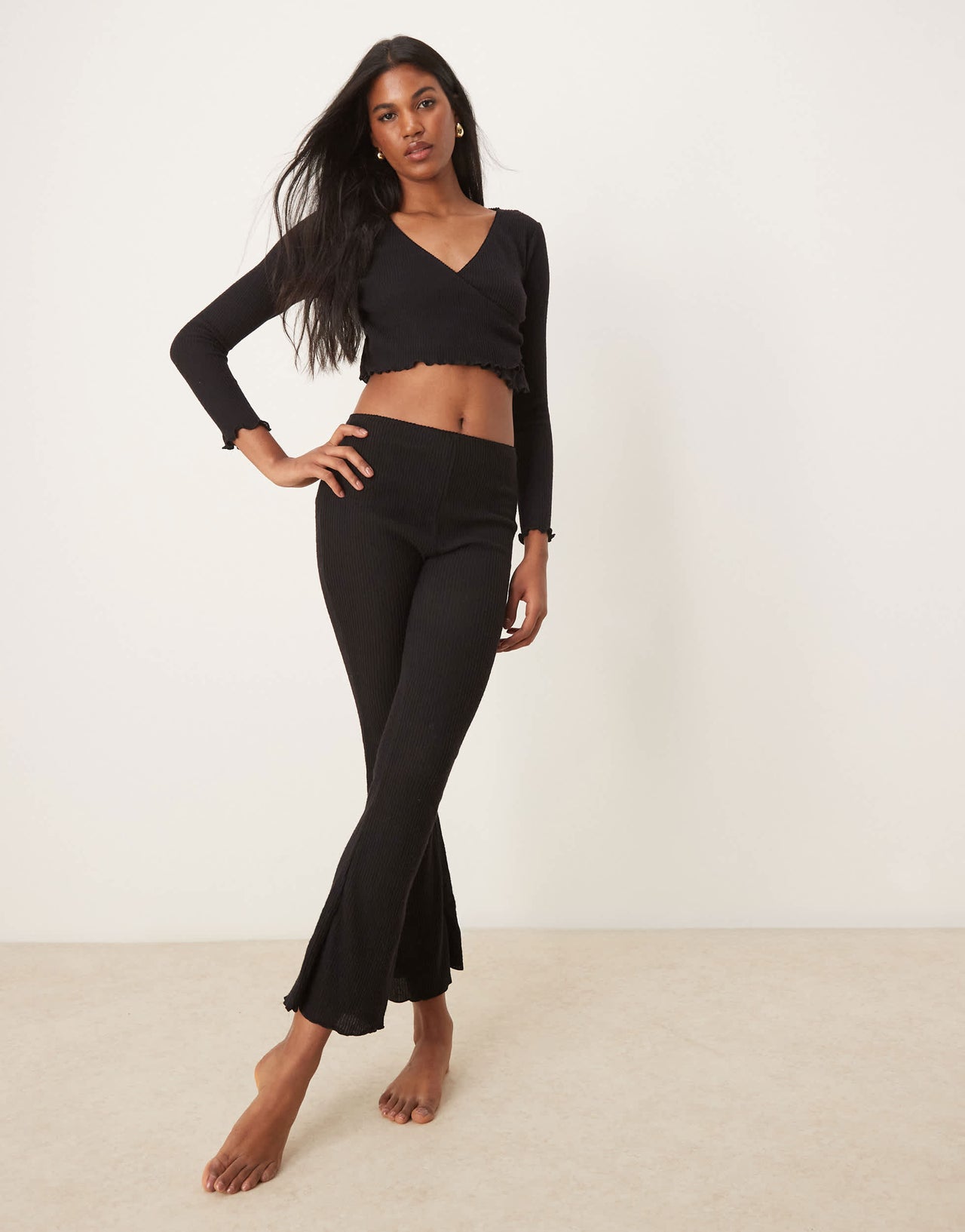 New Look co-ord ribbed wrap lounge top in black