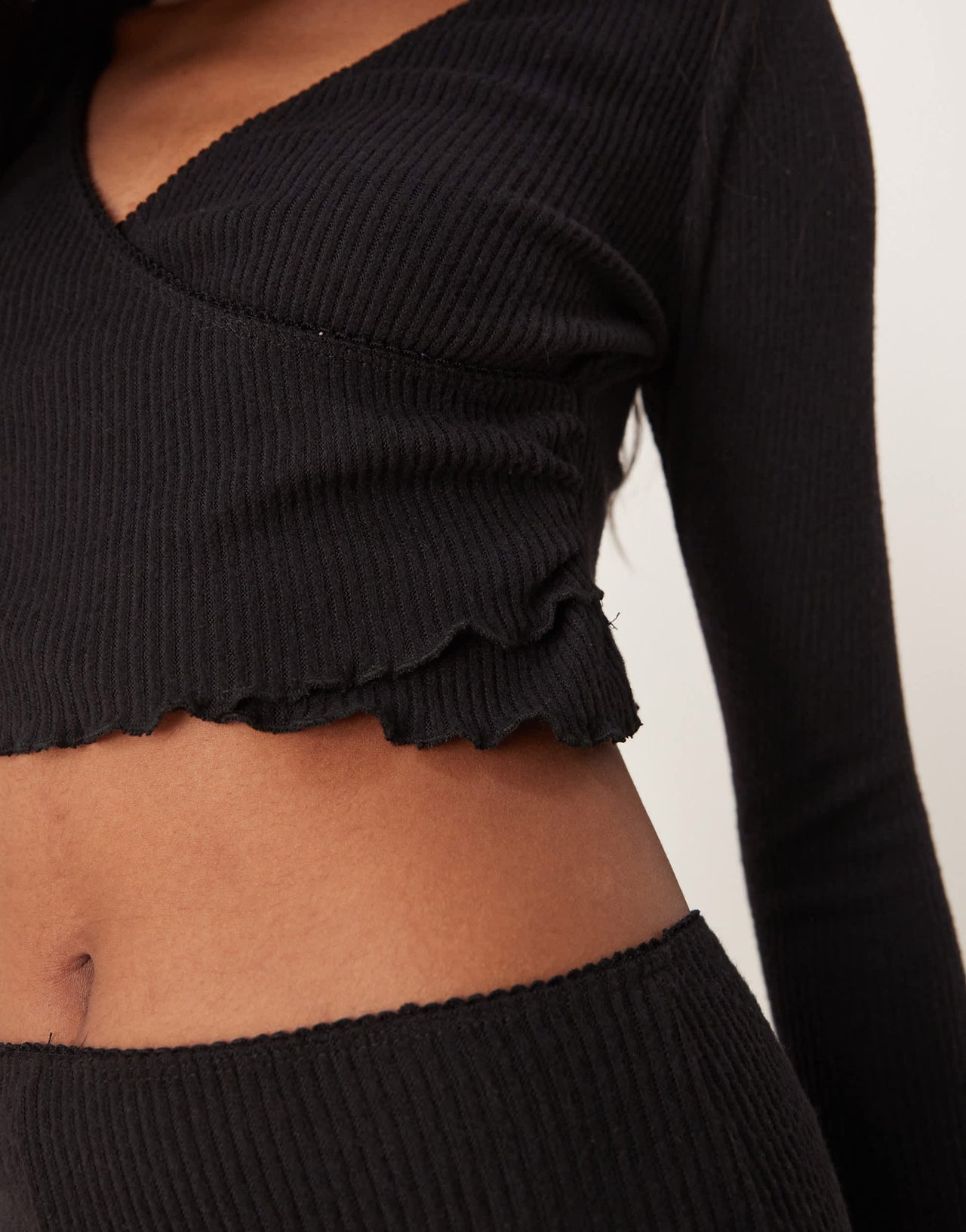New Look co-ord ribbed wrap lounge top in black
