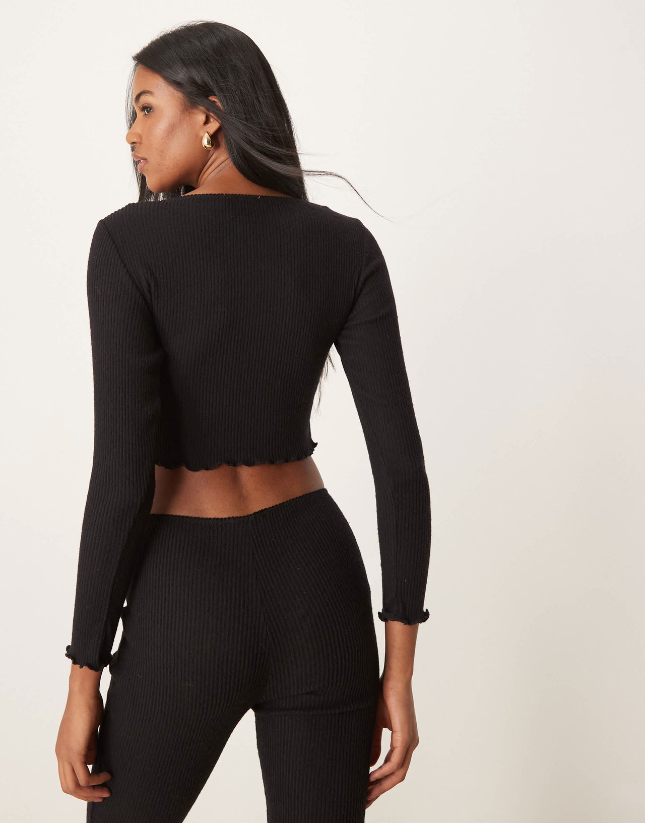 New Look co-ord ribbed wrap lounge top in black