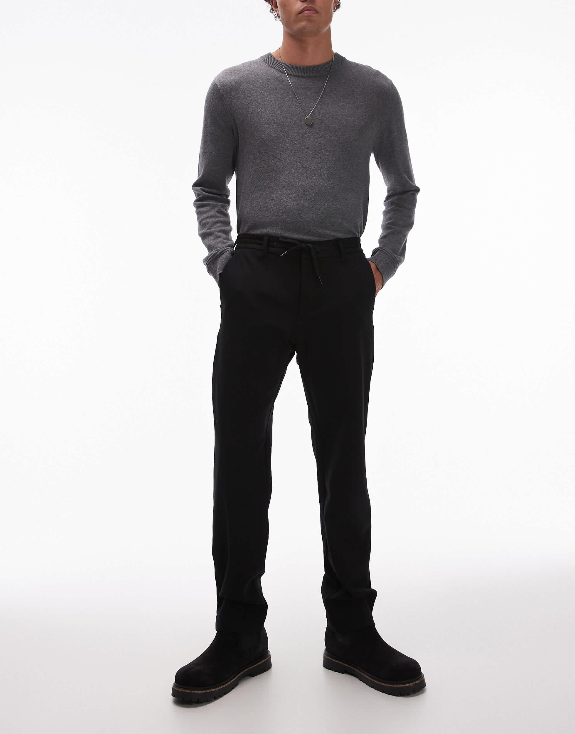 Mango drawstring adjustable waist slim fit trouser in black