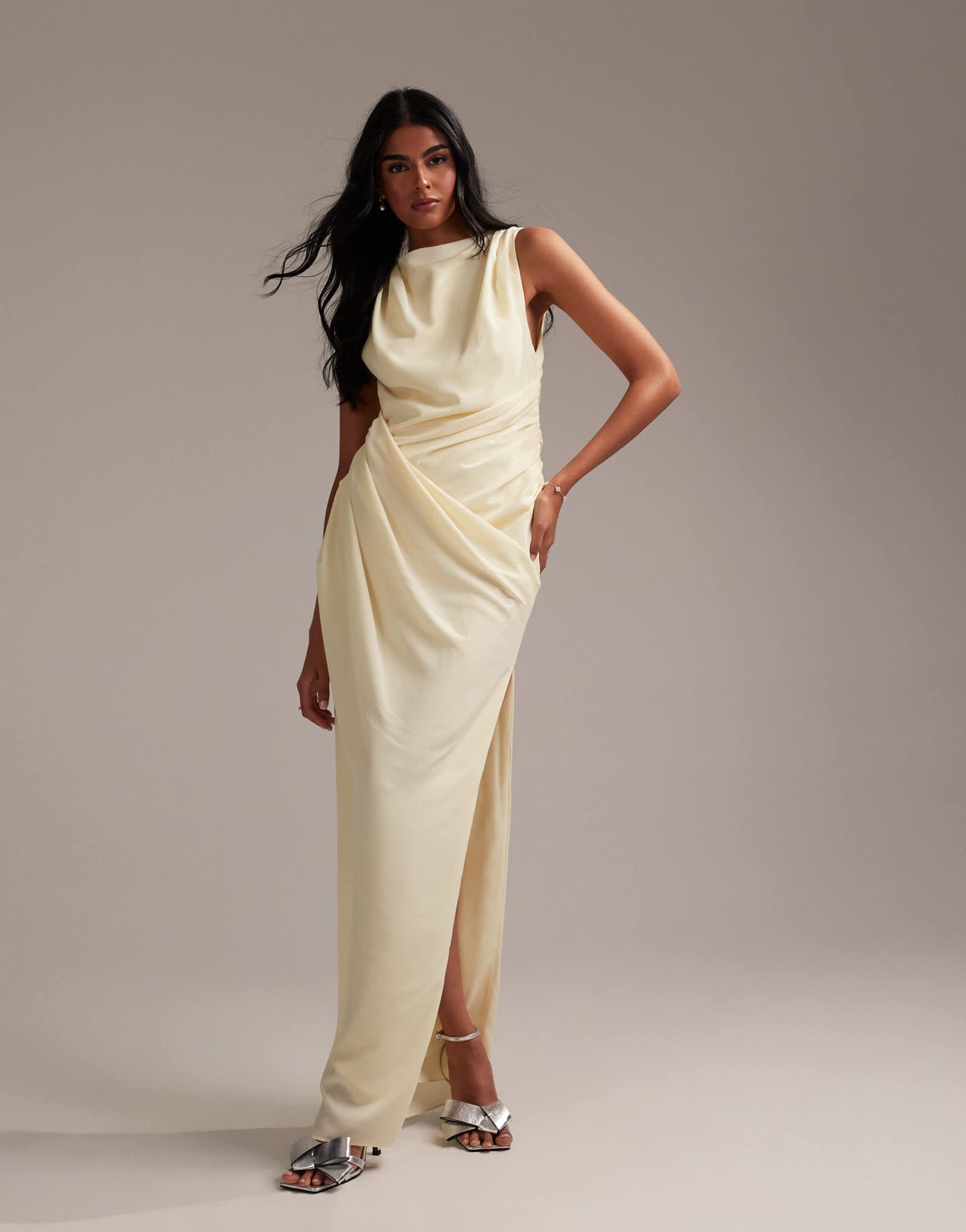ASOS DESIGN Bridesmaids draped overlay crepe maxi dress in soft yellow