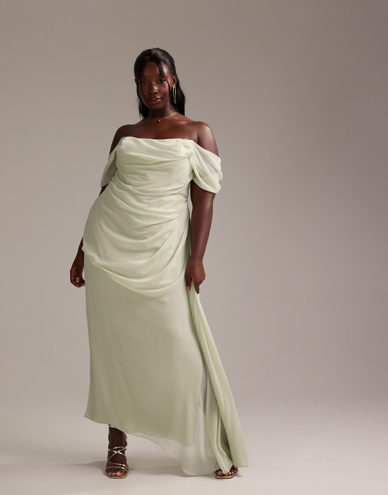 ASOS DESIGN Curve Bridesmaids draped bardot midaxi dress in light green