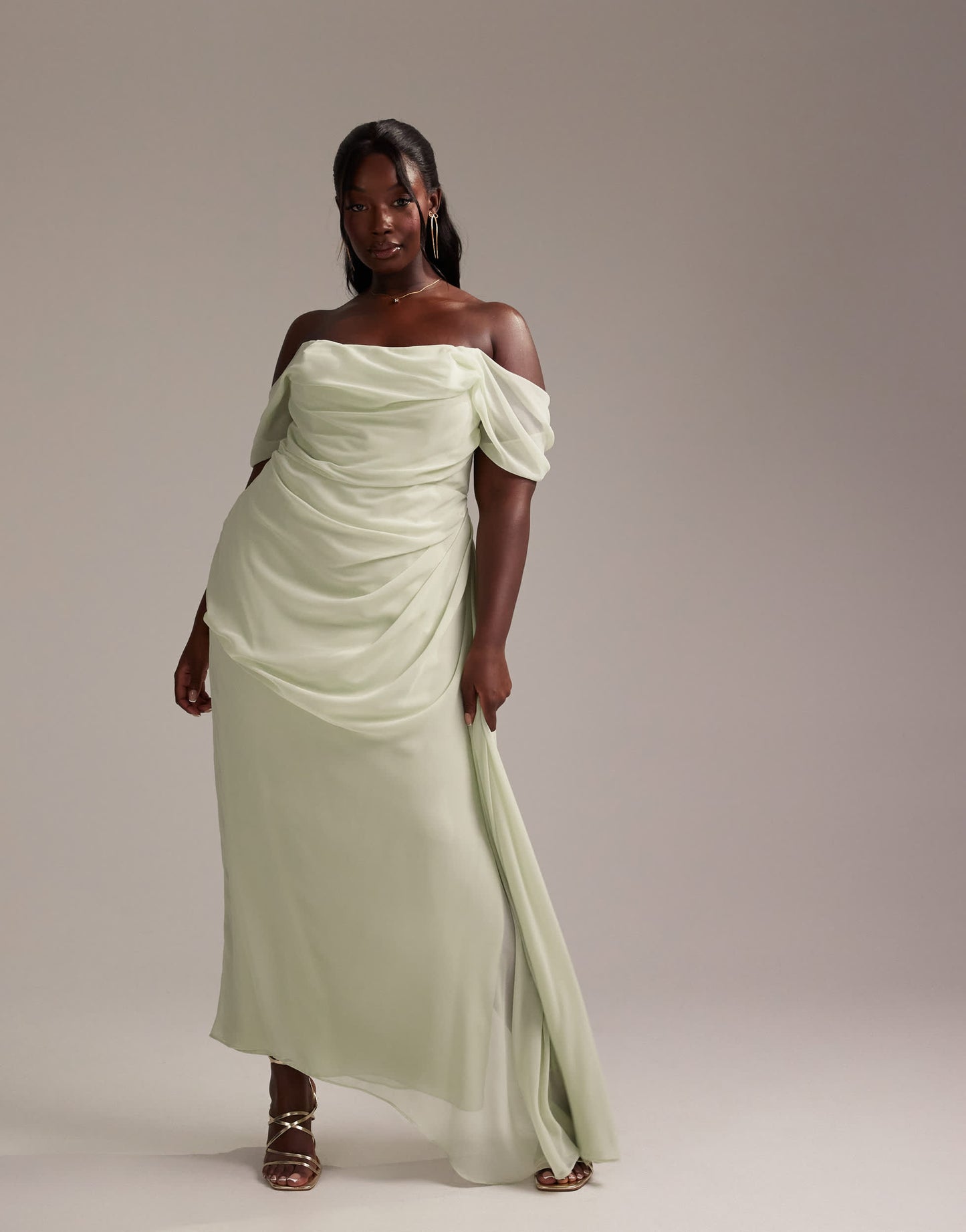 ASOS DESIGN Curve Bridesmaids draped bardot midaxi dress in light green