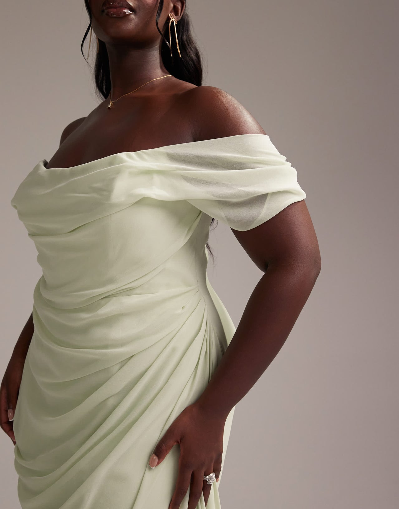ASOS DESIGN Curve Bridesmaids draped bardot midaxi dress in light green