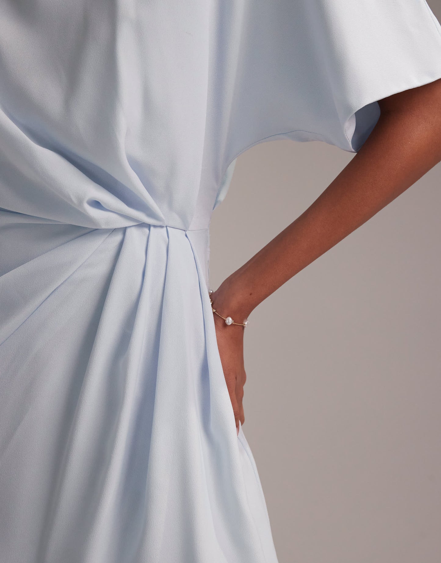 ASOS DESIGN Bridesmaids slash neck crepe t-shirt sleeve minimal drape maxi dress in light blue