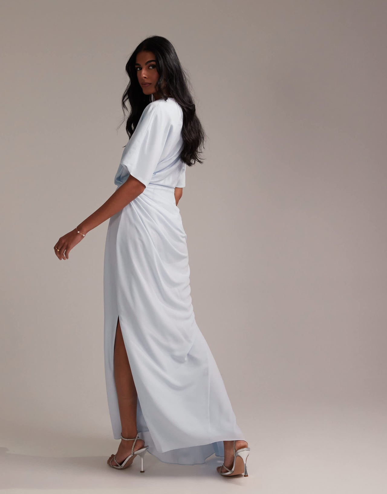 ASOS DESIGN Bridesmaids slash neck crepe t-shirt sleeve minimal drape maxi dress in light blue