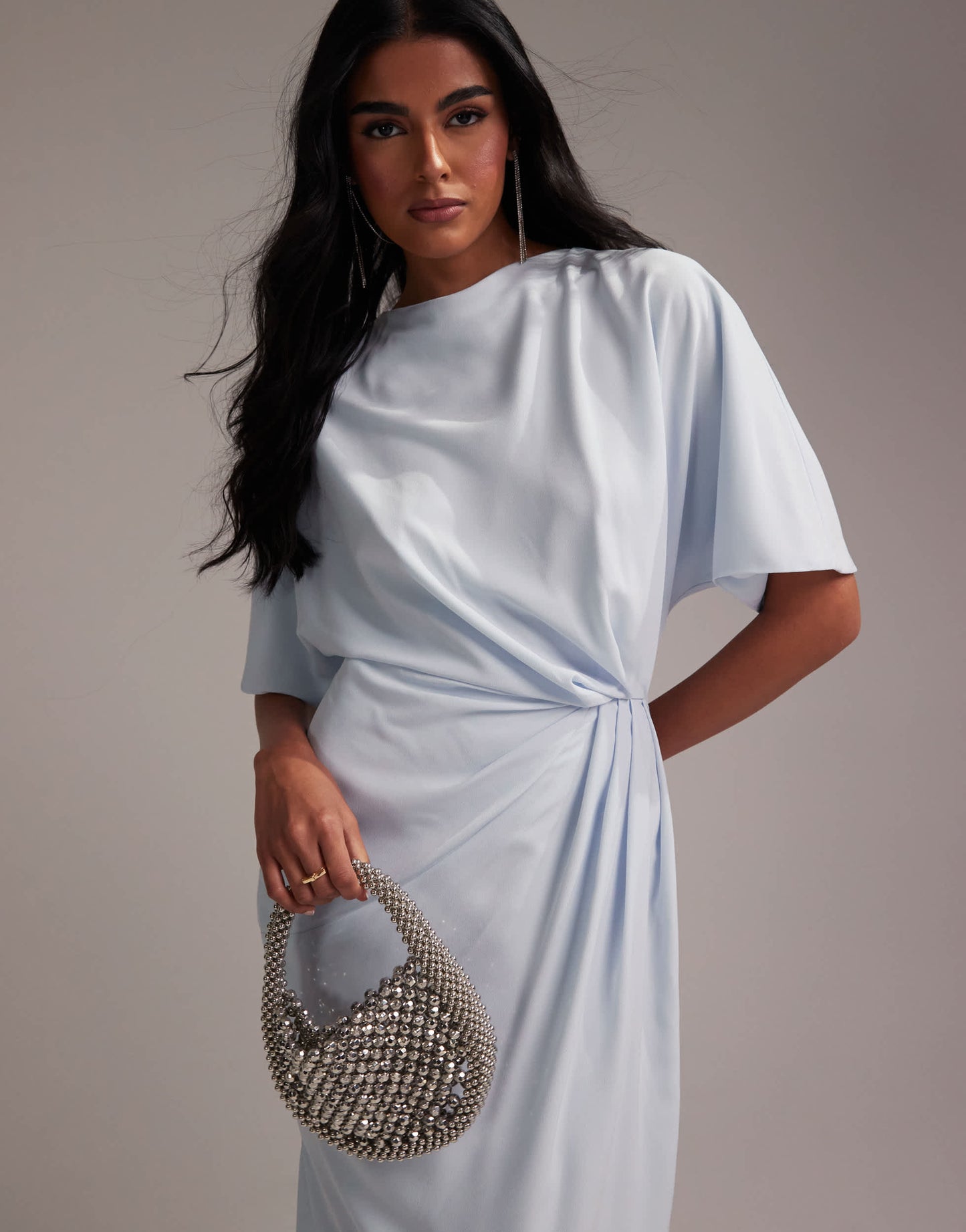 ASOS DESIGN Bridesmaids slash neck crepe t-shirt sleeve minimal drape maxi dress in light blue