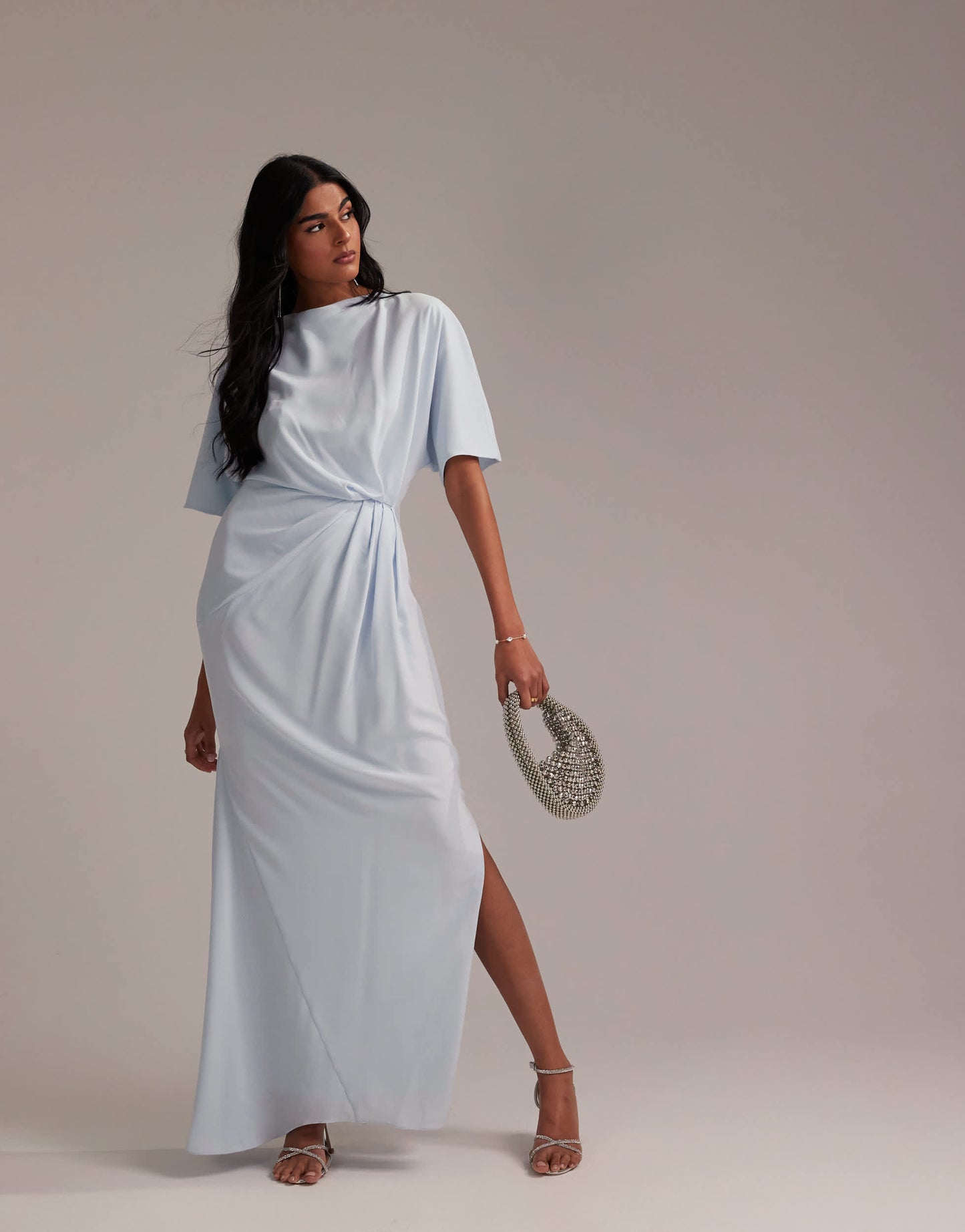 ASOS DESIGN Bridesmaids slash neck crepe t-shirt sleeve minimal drape maxi dress in light blue