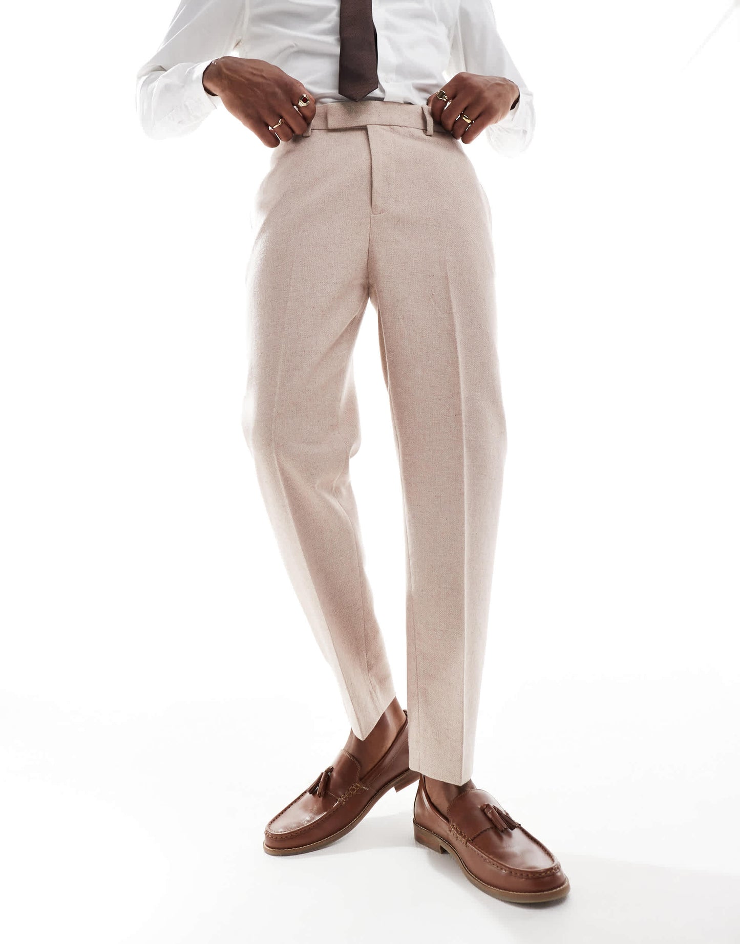 ASOS DESIGN tapered fit wool mix suit trousers in light pink tweed