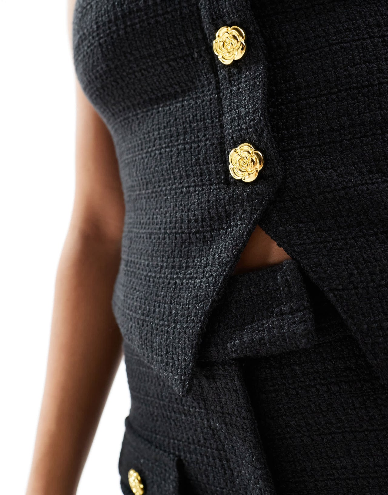 The Frolic exclusive tailored boucle bandeau split front gold flower button detail top co-ord in black