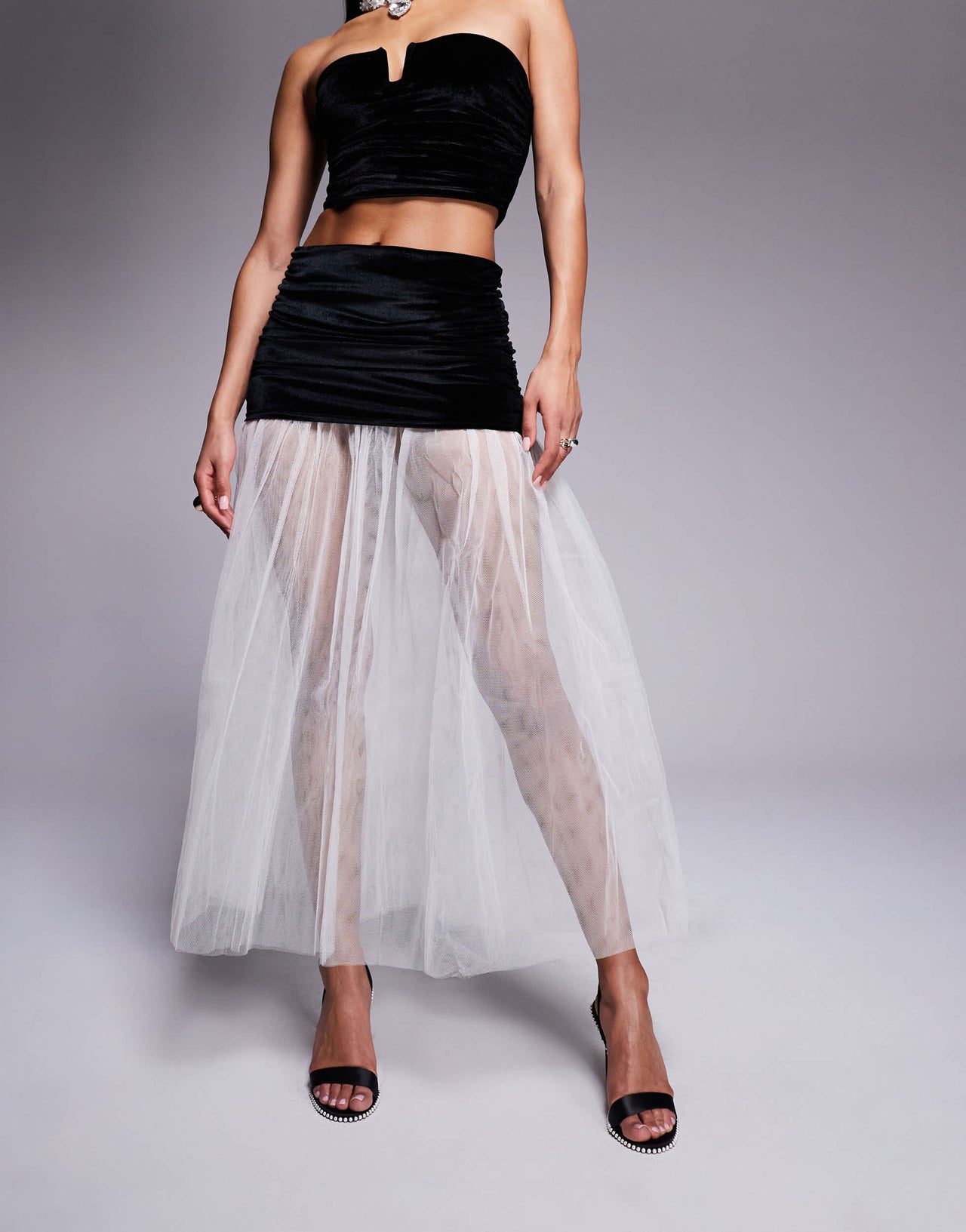 ASOS DESIGN co-ord velvet ruched skirt with contrast hem in black