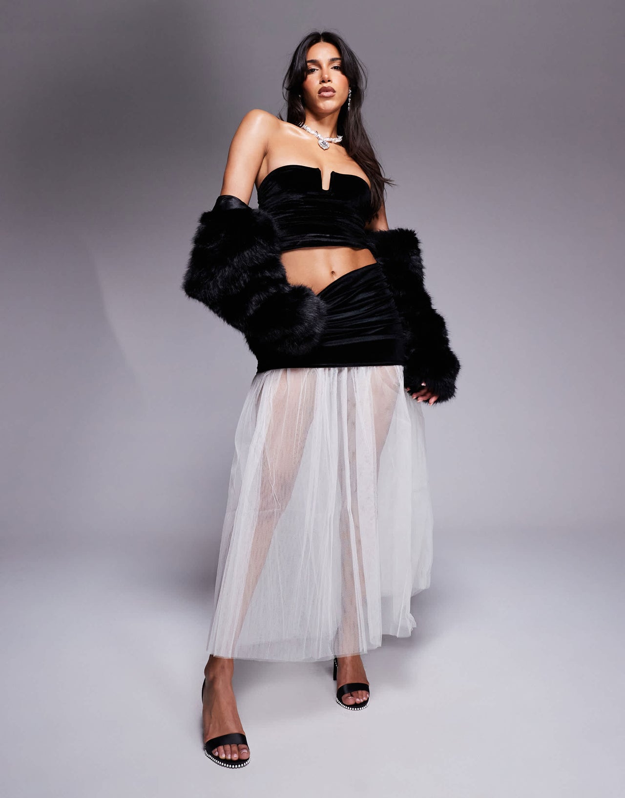 ASOS DESIGN co-ord velvet ruched skirt with contrast hem in black