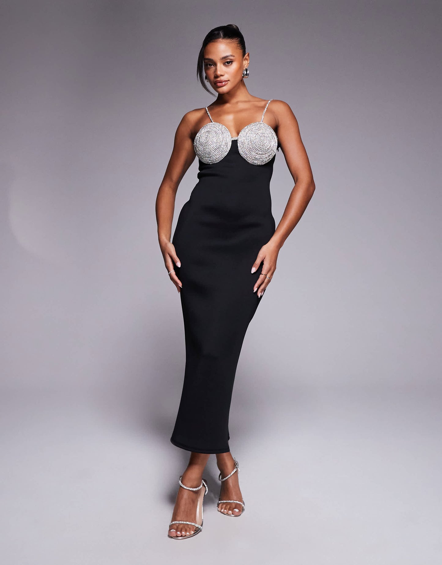ASOS DESIGN  midi dress with silver embellished bra detail in black in scuba-style fabric