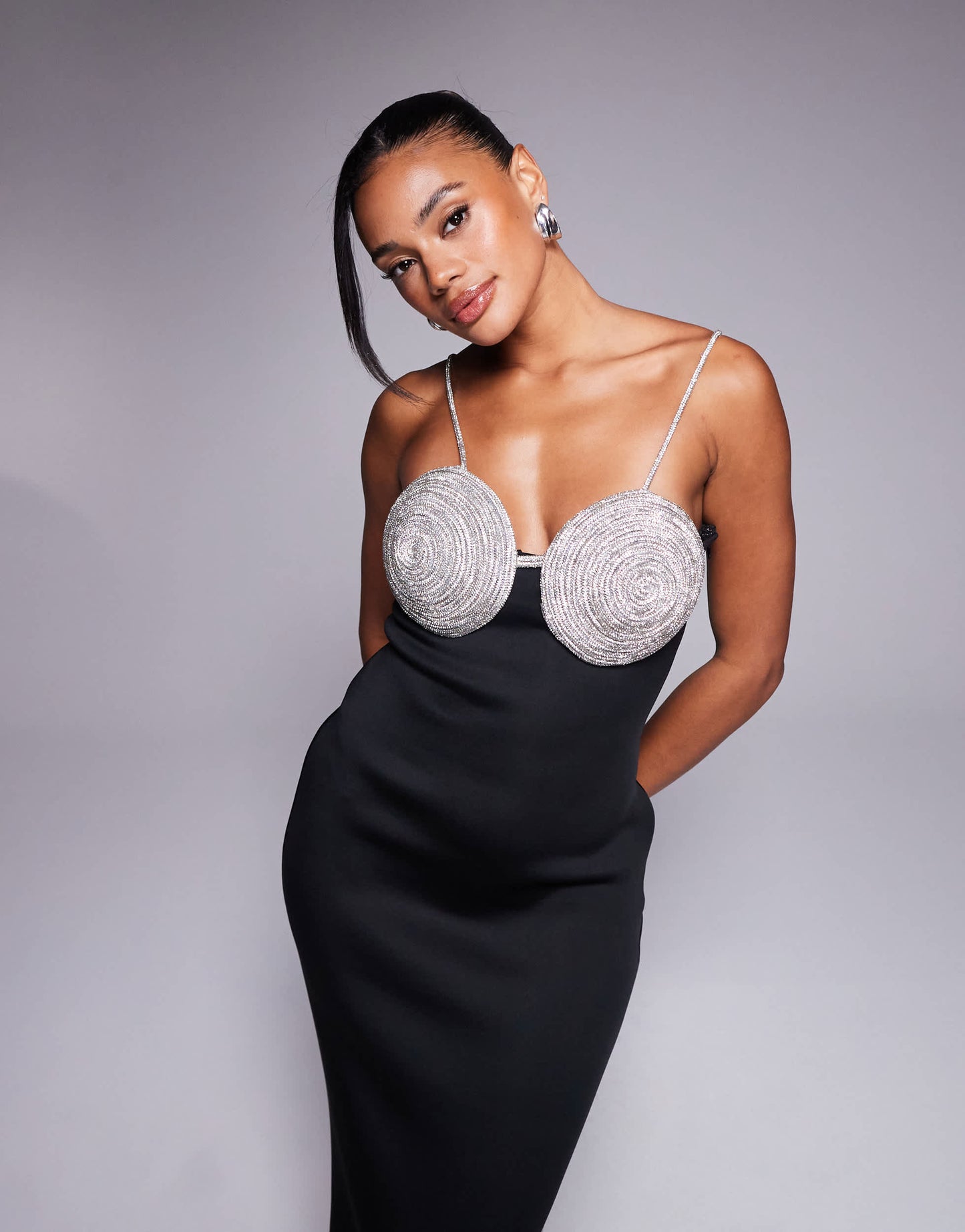 ASOS DESIGN  midi dress with silver embellished bra detail in black in scuba-style fabric
