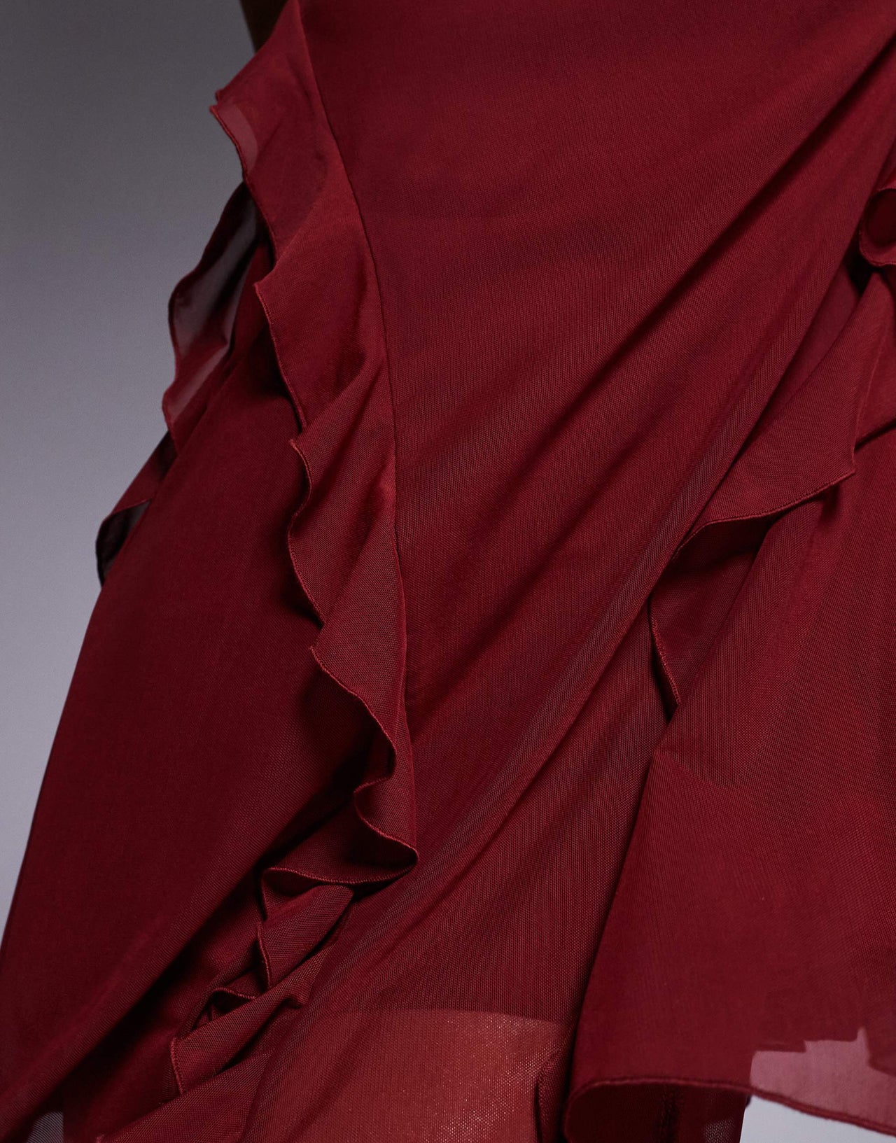 ASOS DESIGN ruffle godet mesh mini trapeze dress in burgundy