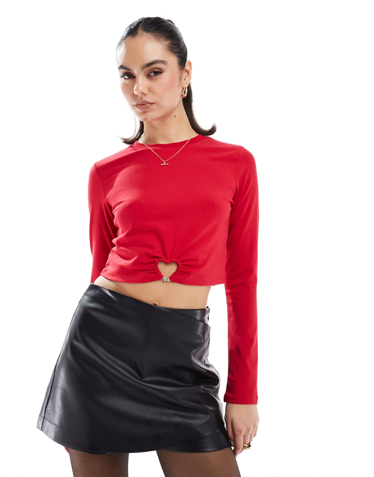 The Frolic exclusive heart hardware cutout detail long sleeve crop top in red