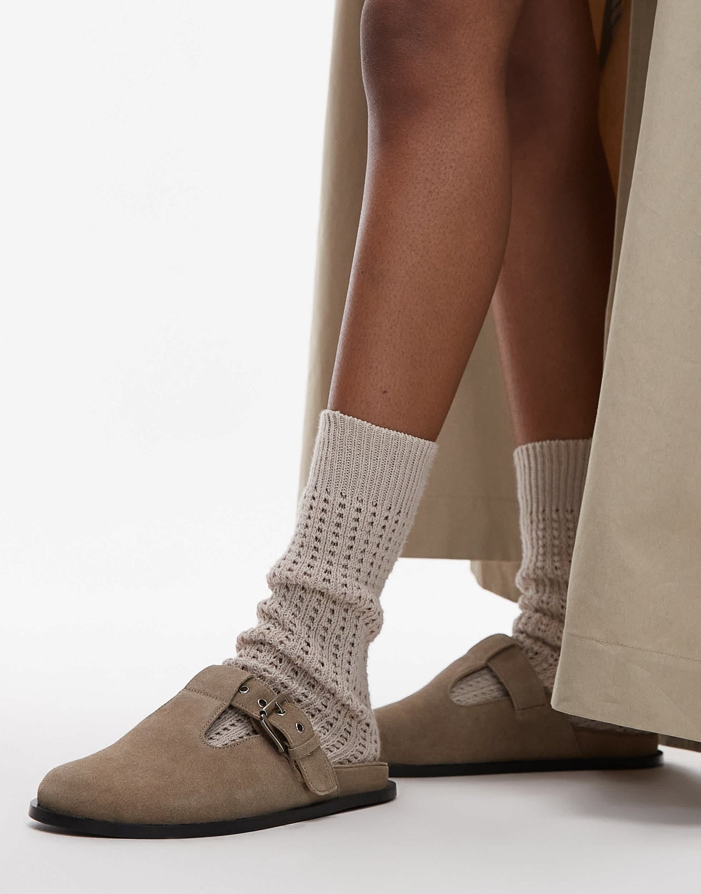 Topshop Annie real leather buckle clog in taupe suede