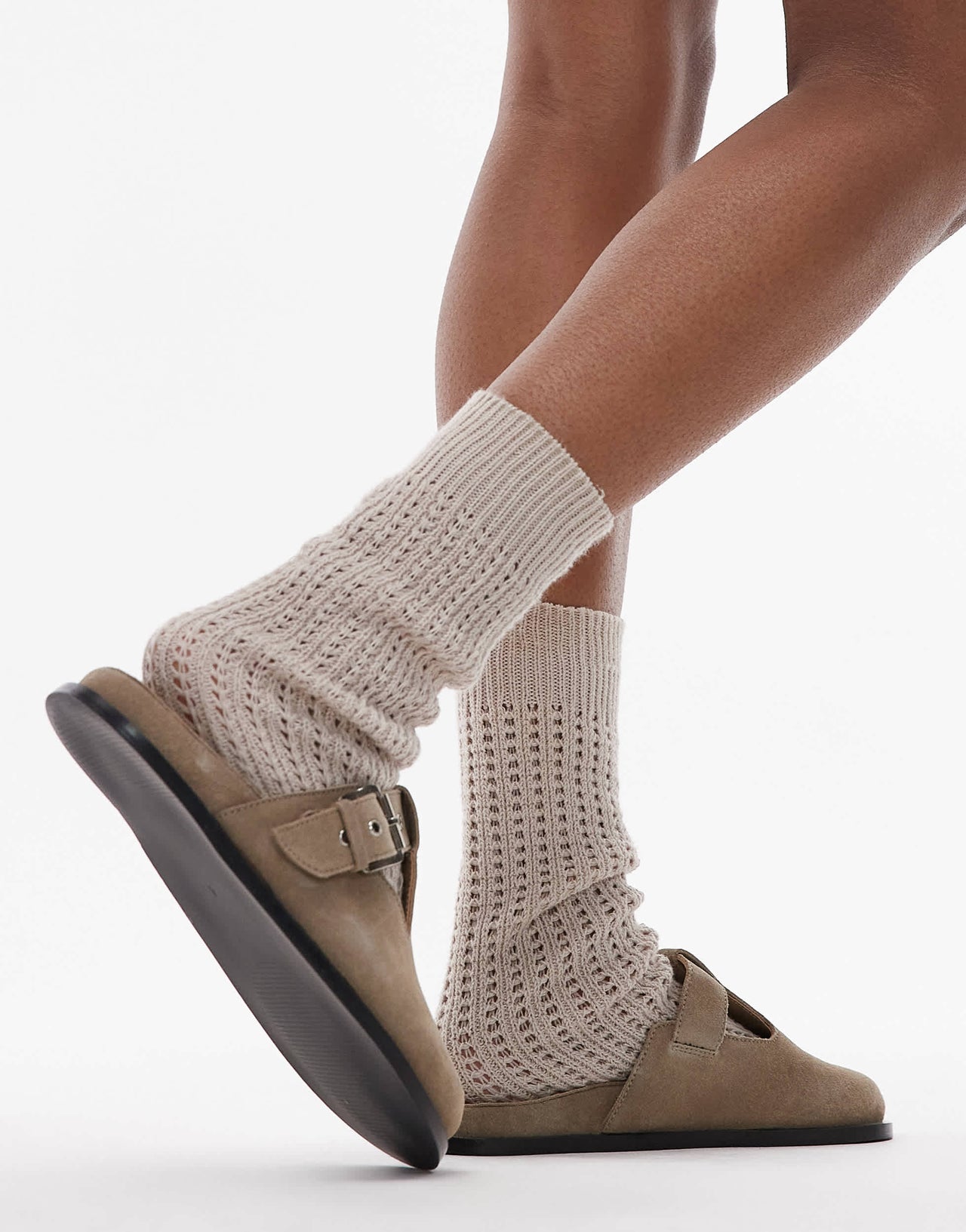 Topshop Annie real leather buckle clog in taupe suede