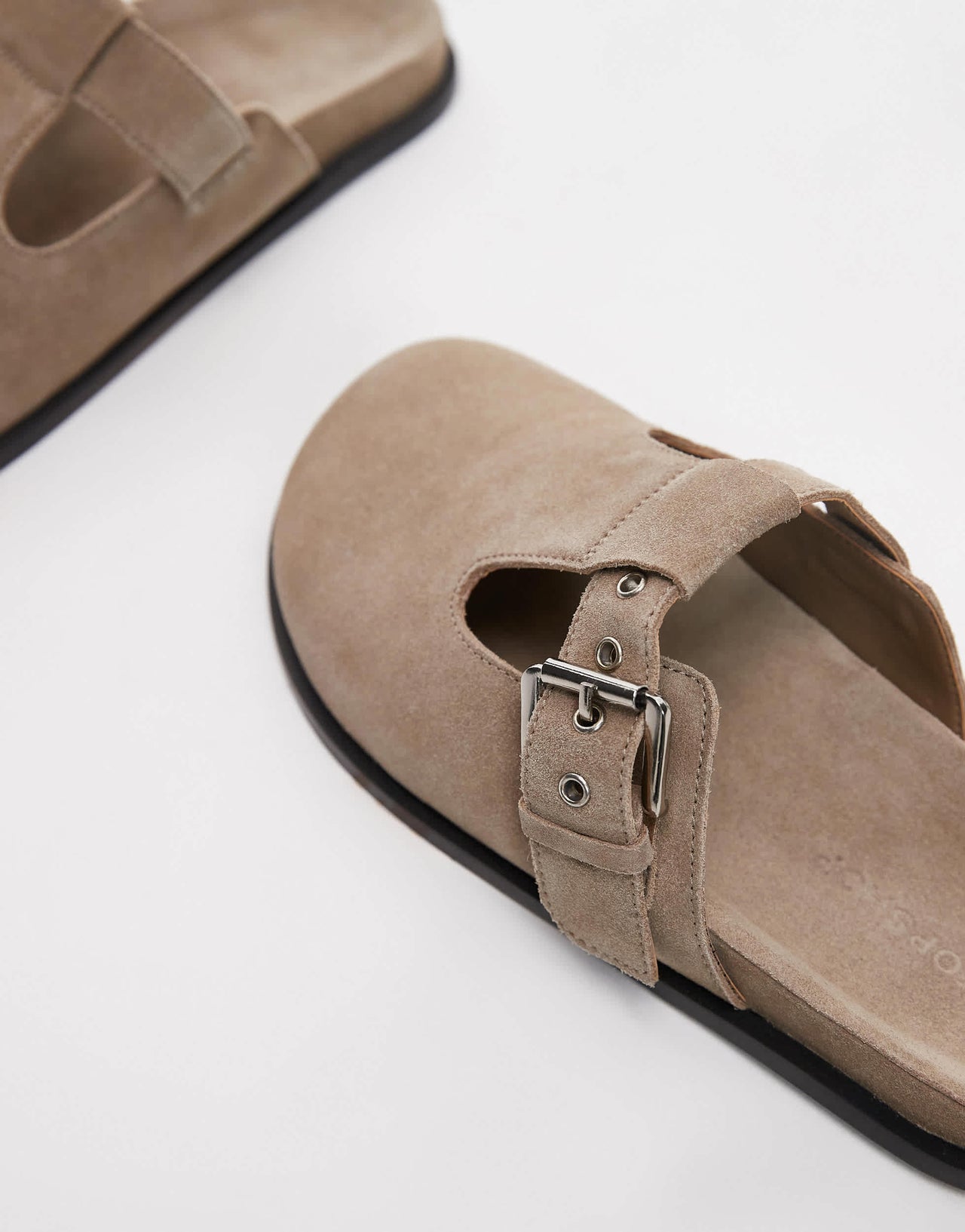Topshop Annie real leather buckle clog in taupe suede