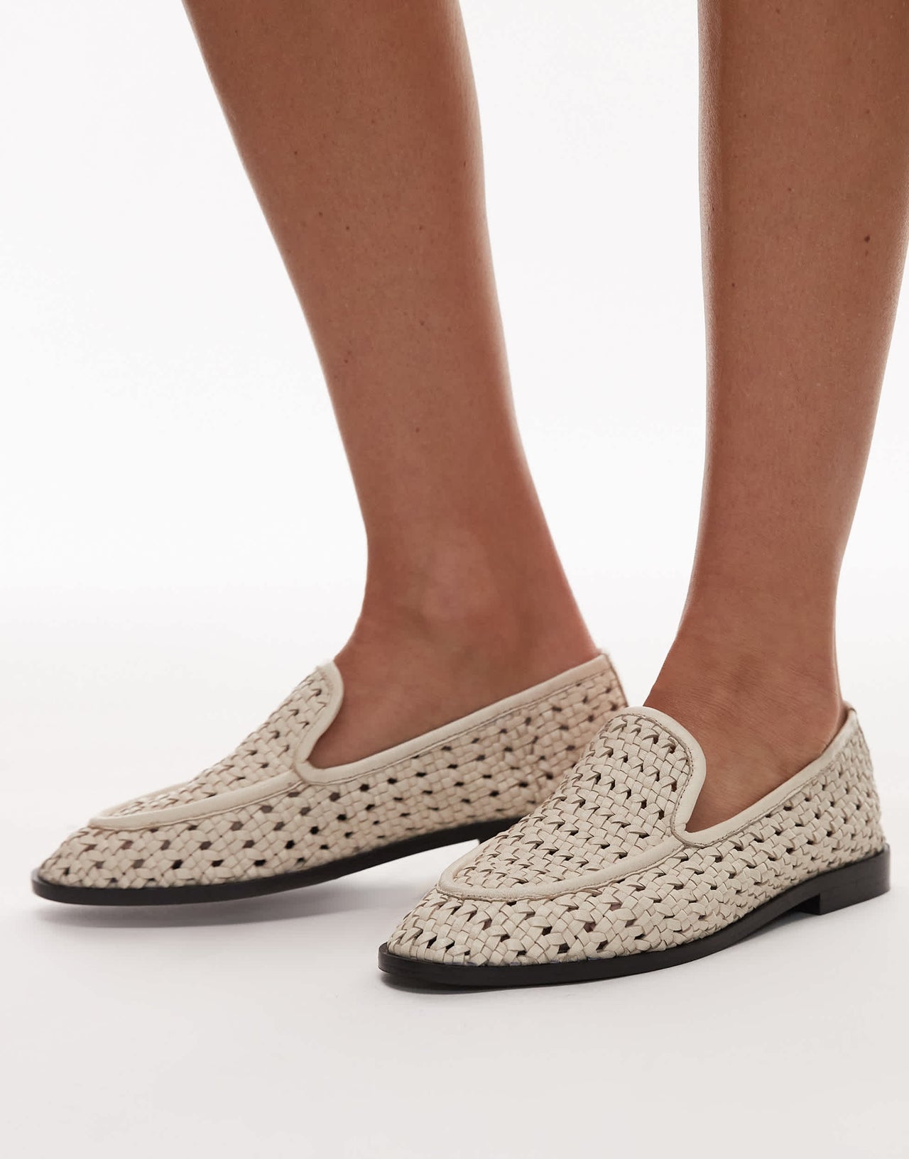 Topshop Connor real leather woven loafer in off white