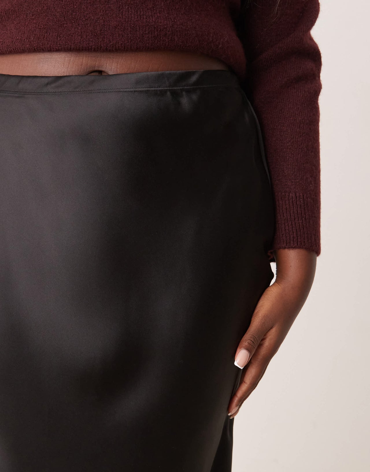 New Look Curve satin bias midi skirt in black