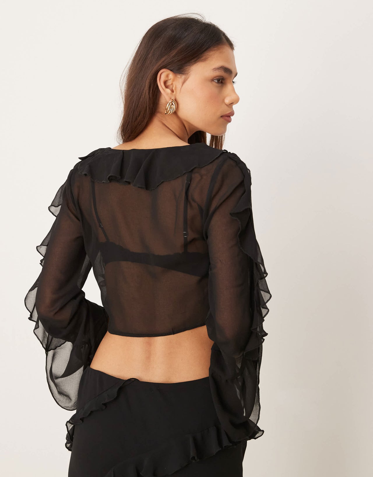 New Look cropped ruffle shell top in black