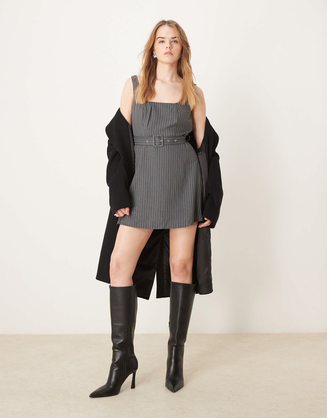 New Look pinstripe belted pinny dress in grey