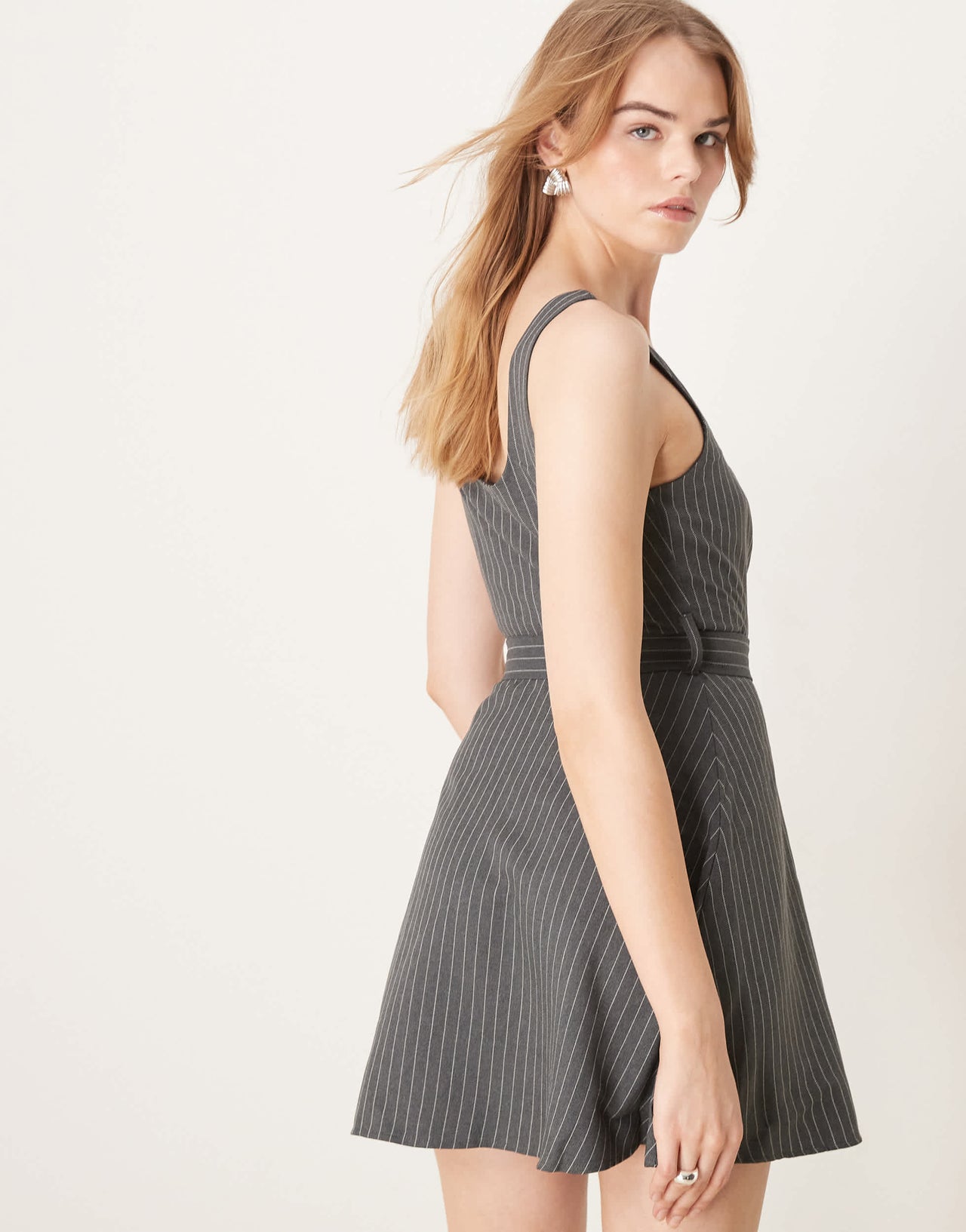 New Look pinstripe belted pinny dress in grey