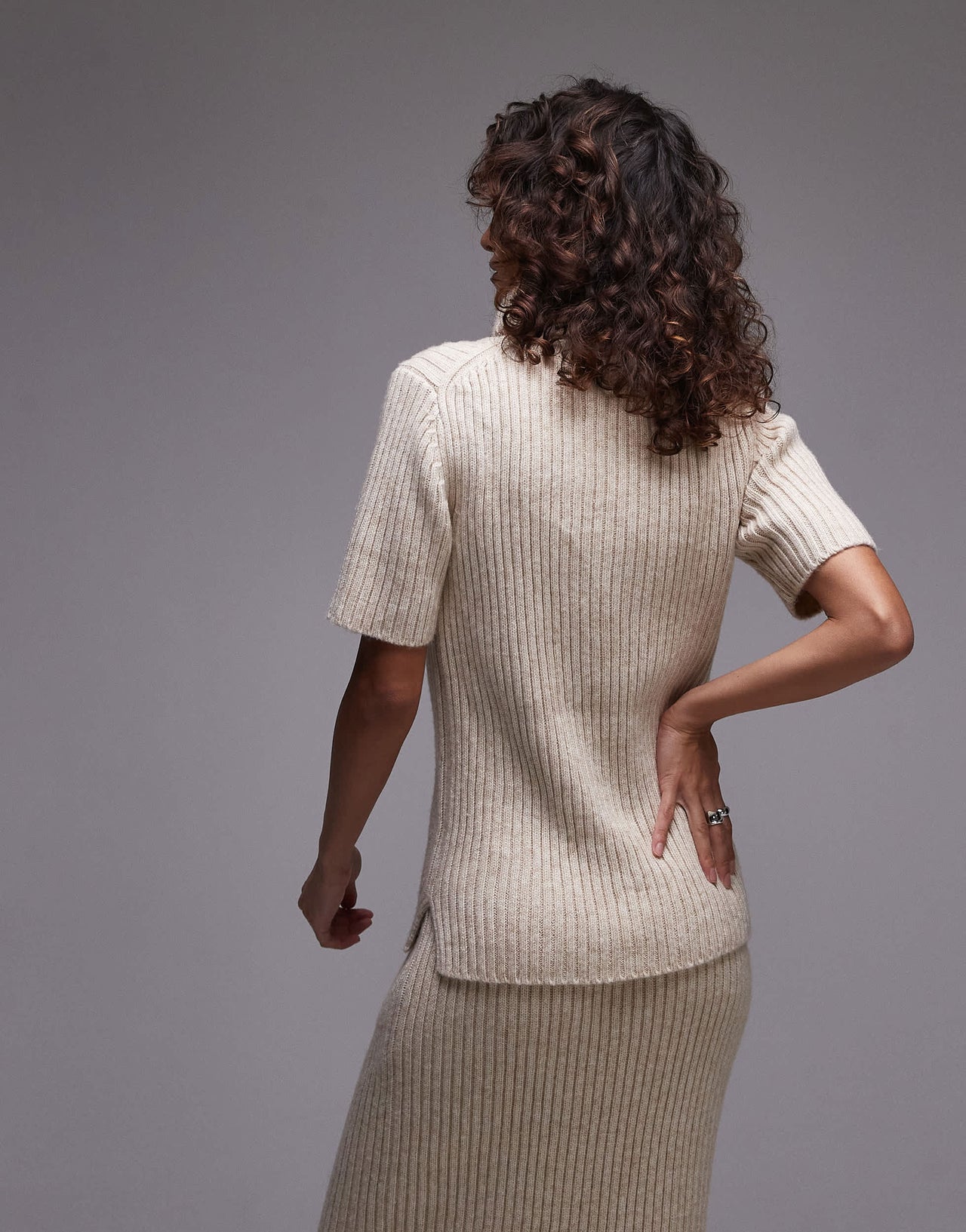 ARKET premium co-ord wool and cotton blend soft knitted rib short sleeve sweater with roll neck in light beige