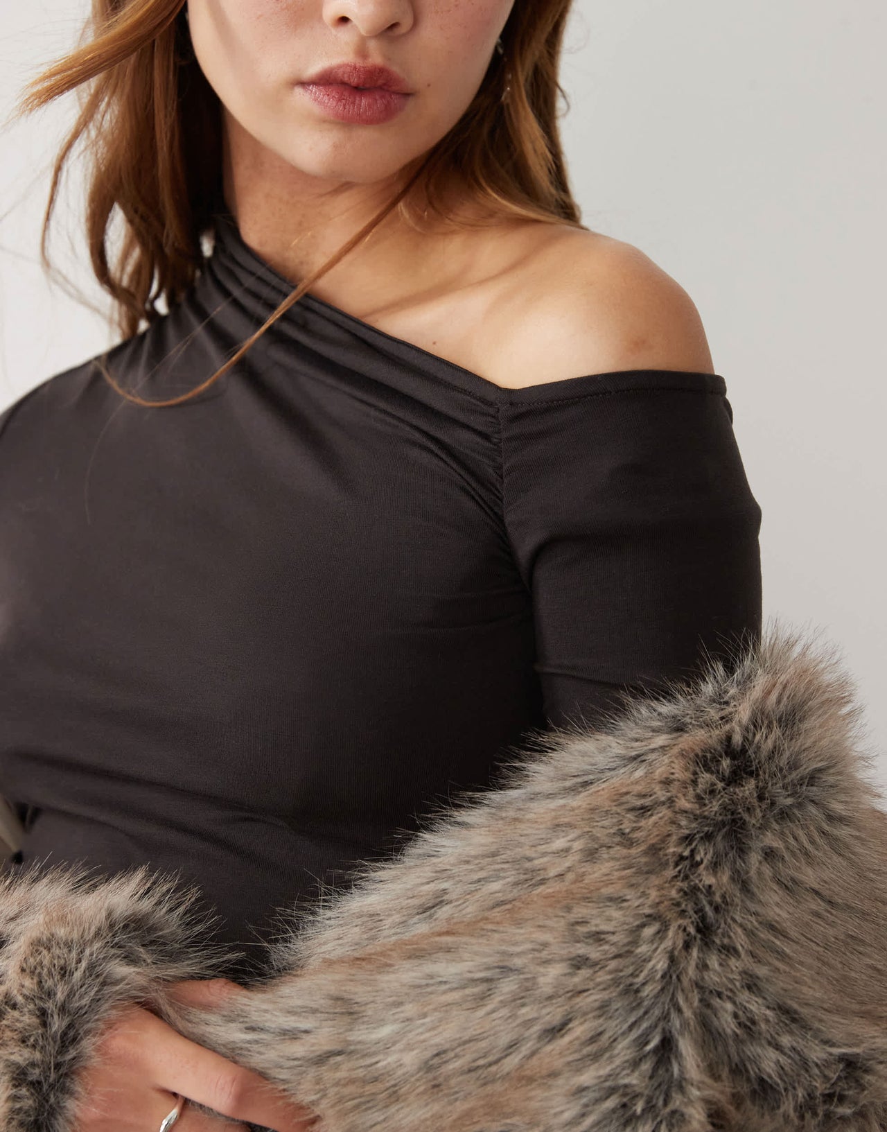 Weekday Erin long sleeve asymmetric shoulder mini dress with ruched sides in dark brown