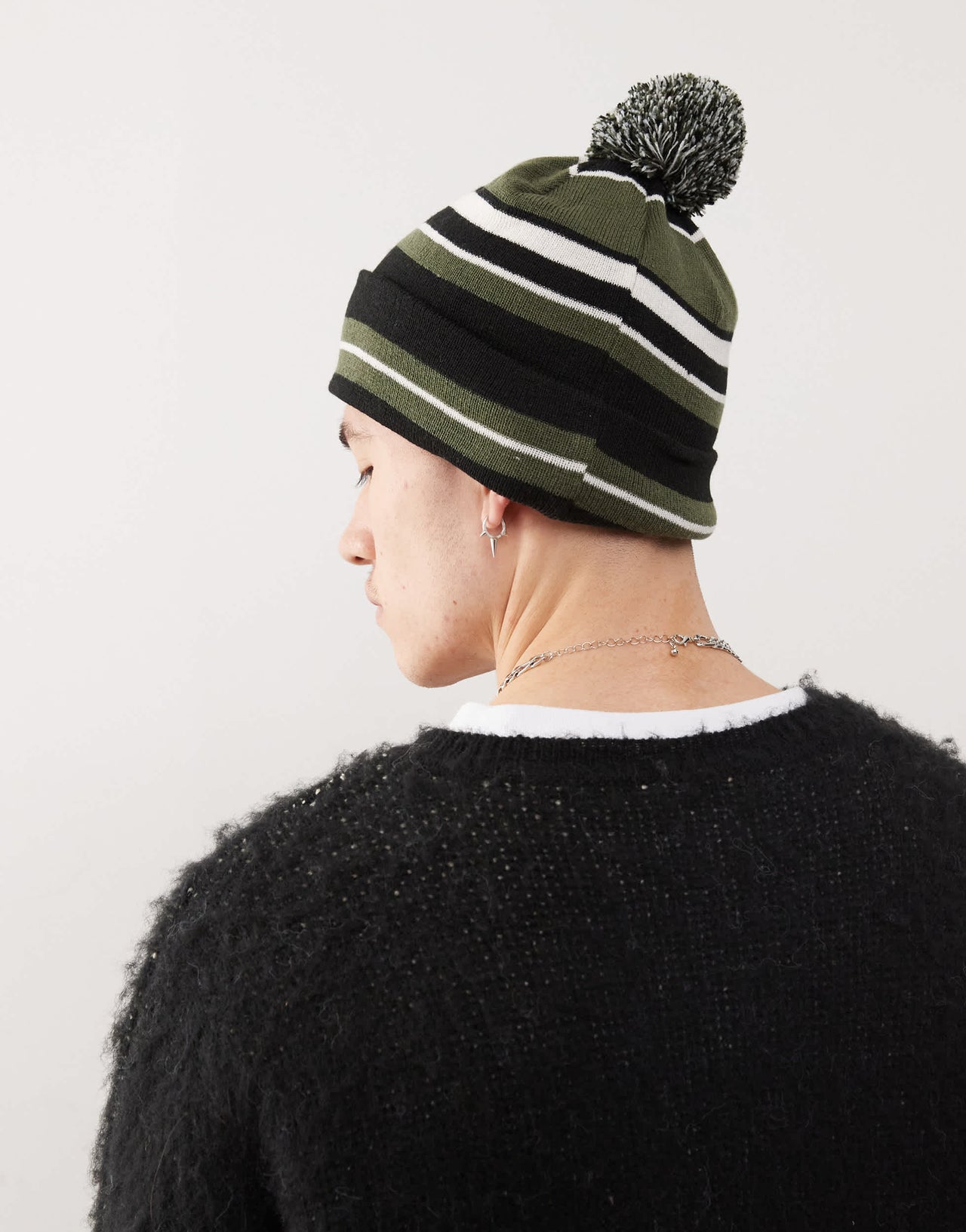 Weekday skater bobble beanie in khaki & black stripe