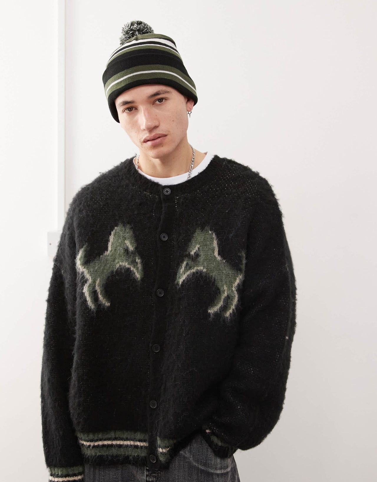 Weekday skater bobble beanie in khaki & black stripe