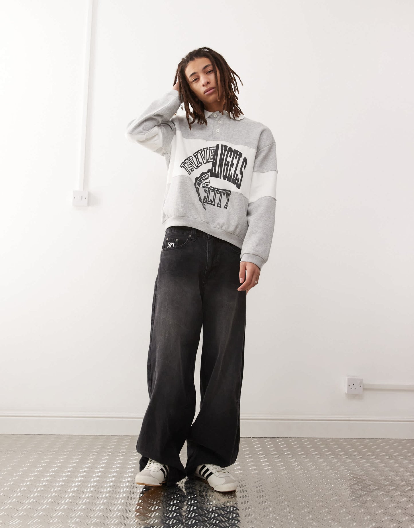 Weekday Andre oversized polo sweatshirt with cut and sew varsity graphic in grey melange