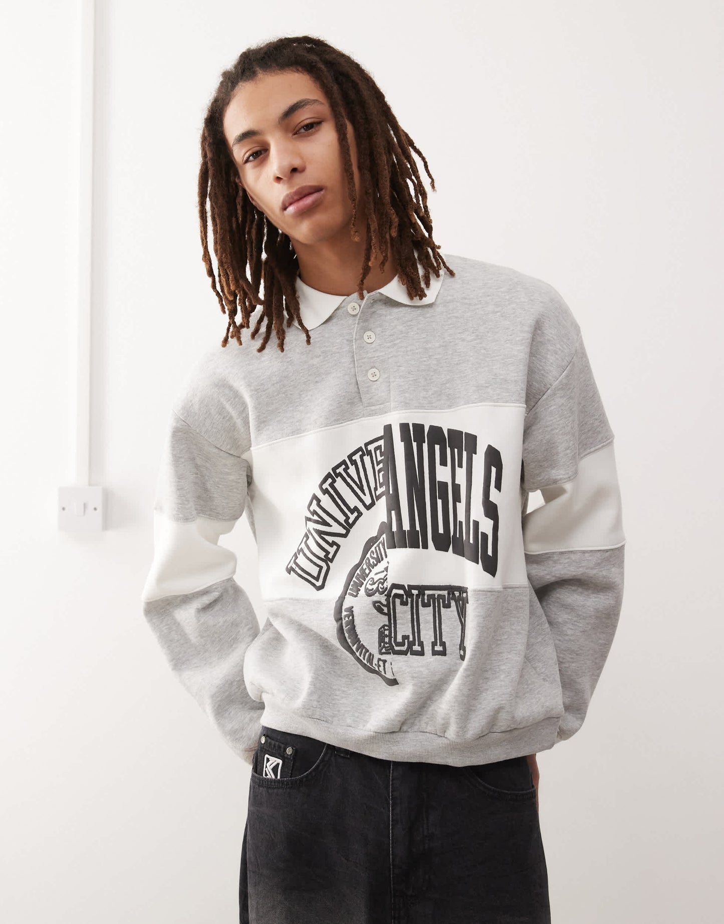 Weekday Andre oversized polo sweatshirt with cut and sew varsity graphic in grey melange