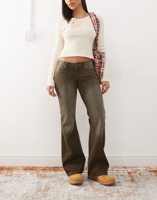 Weekday Nova low waist bootcut jeans in dark brown wash