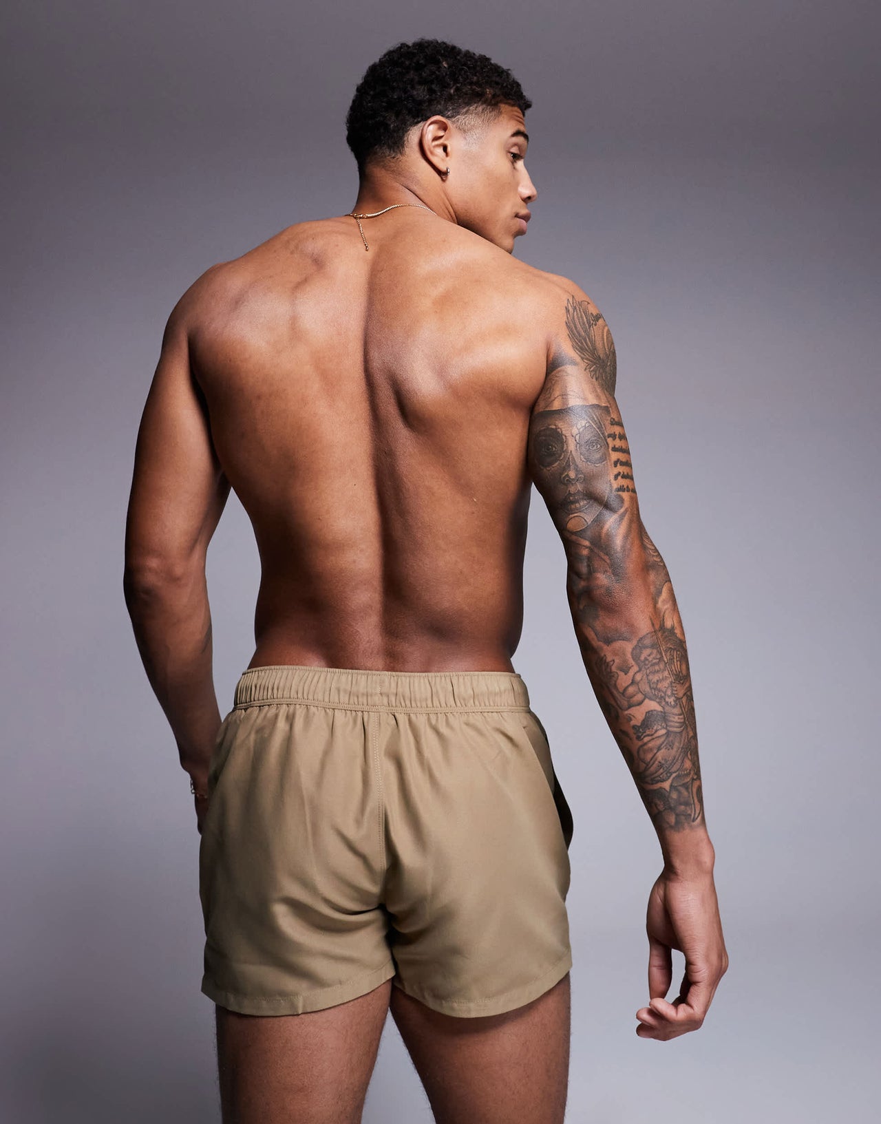 ASOS DESIGN swim shorts in super short length in stone