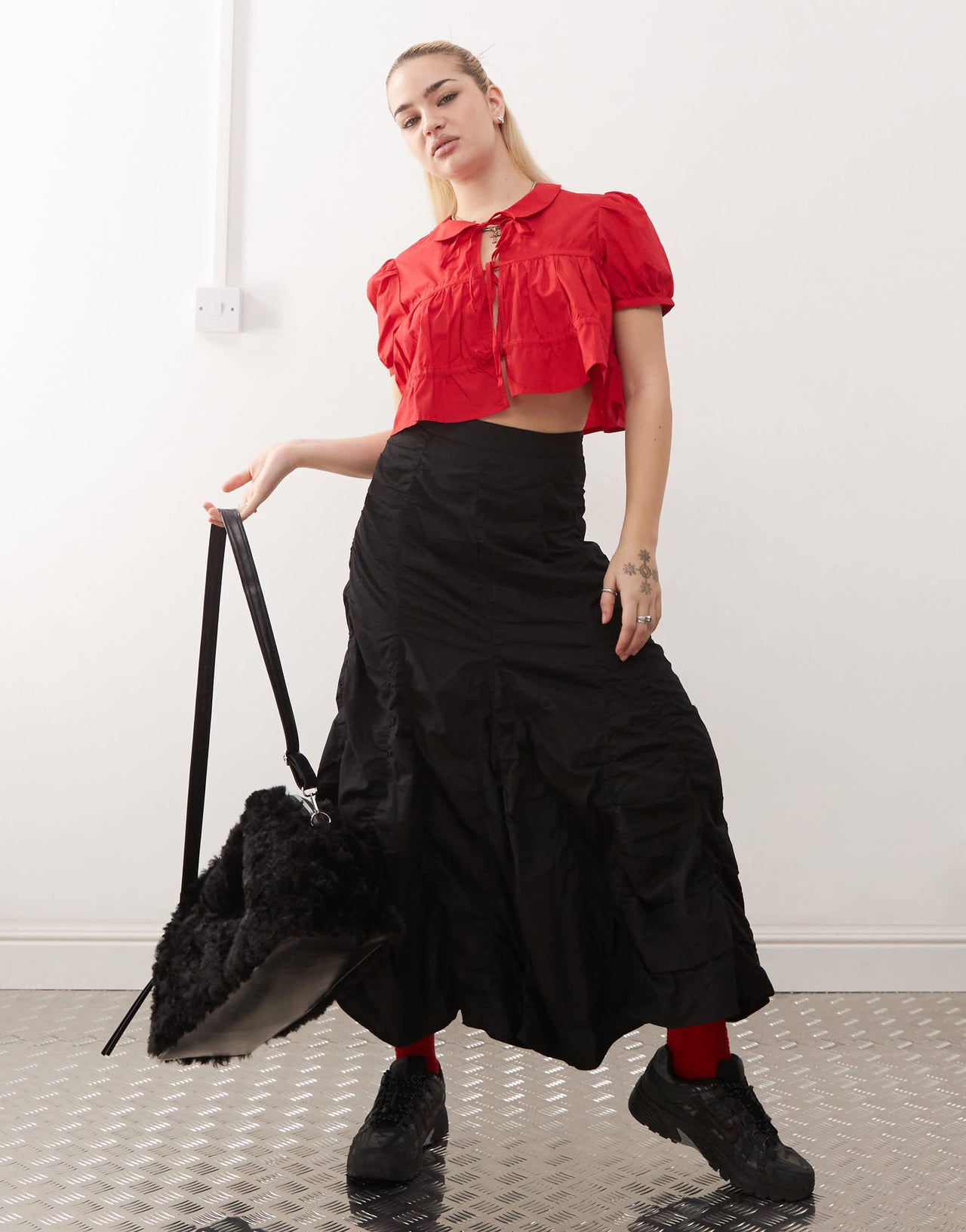 Monki cotton poplin peplum tie shirt top with collar and front tie up detail in red