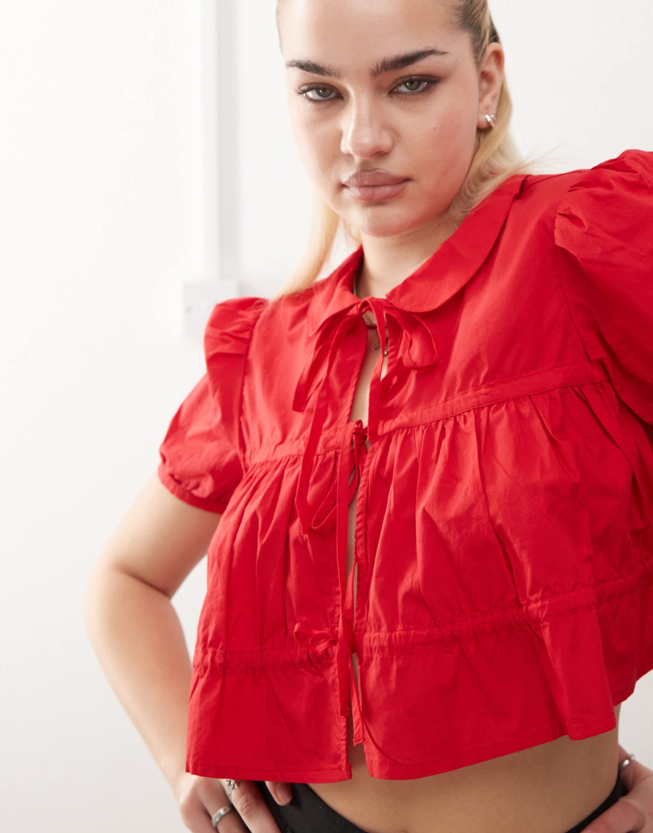 Monki cotton poplin peplum tie shirt top with collar and front tie up detail in red
