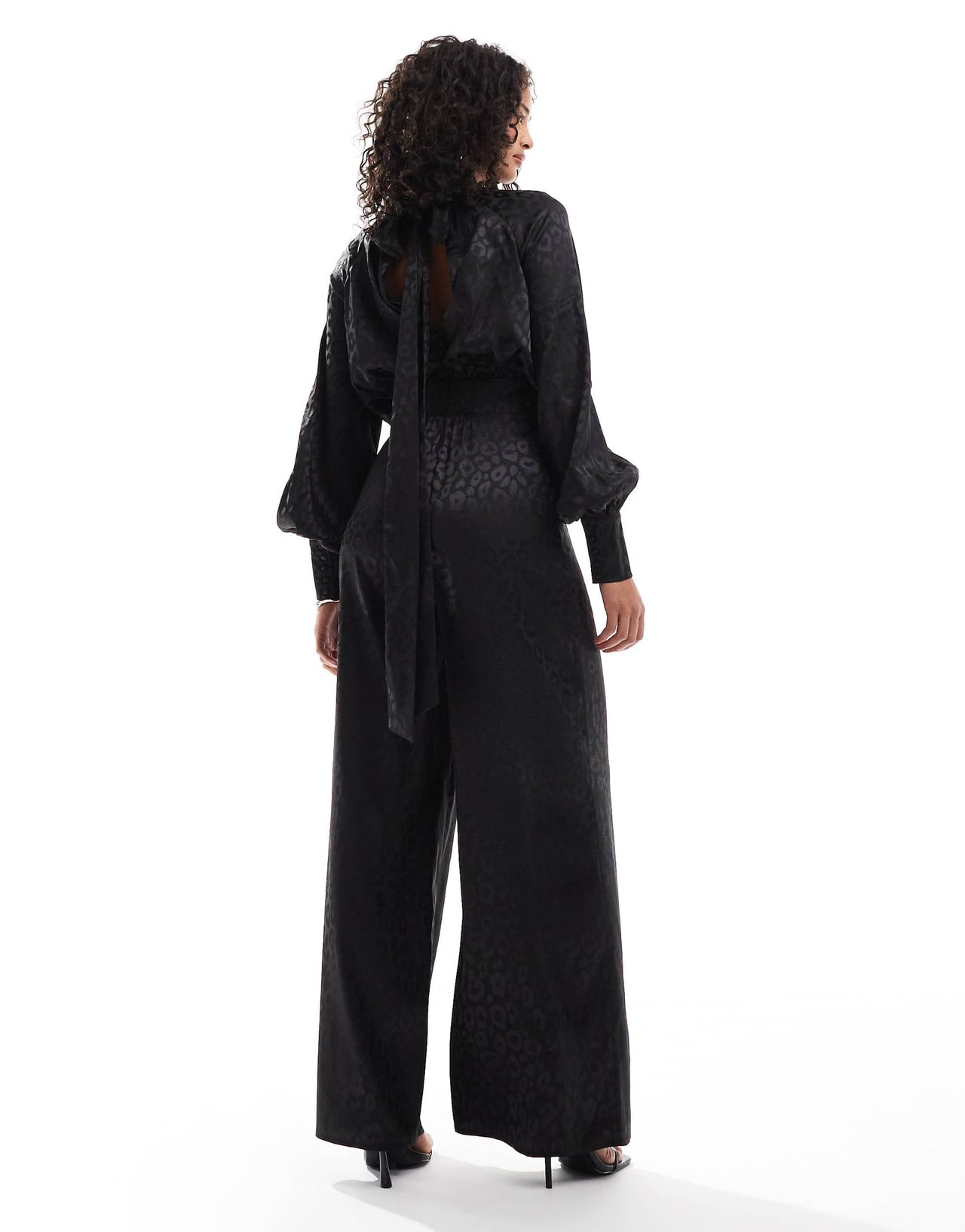 TFNC high neck satin jumpsuit with long sleeves in black