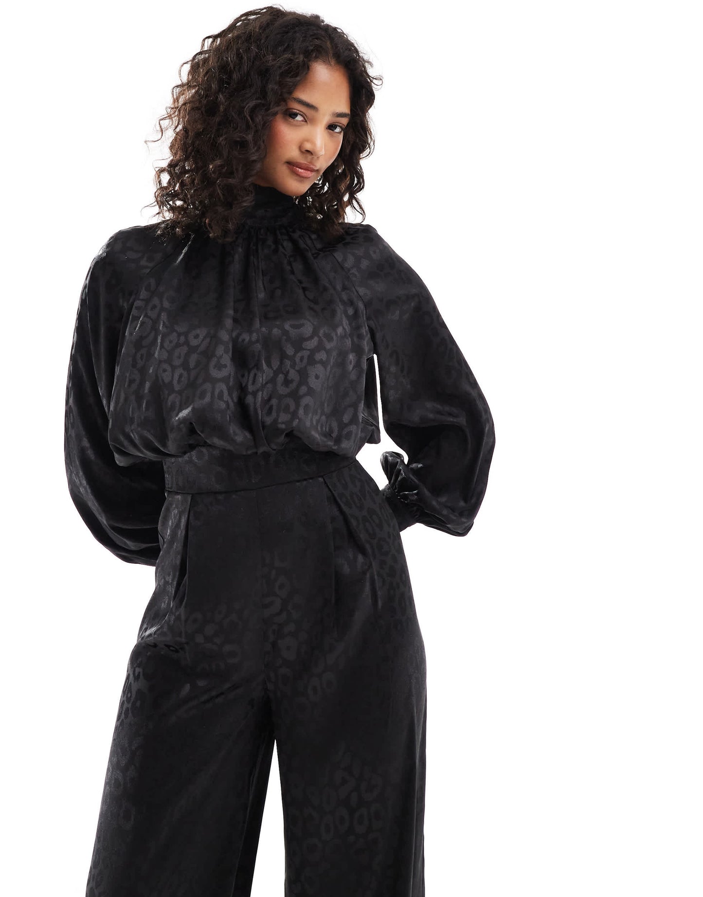 TFNC high neck satin jumpsuit with long sleeves in black