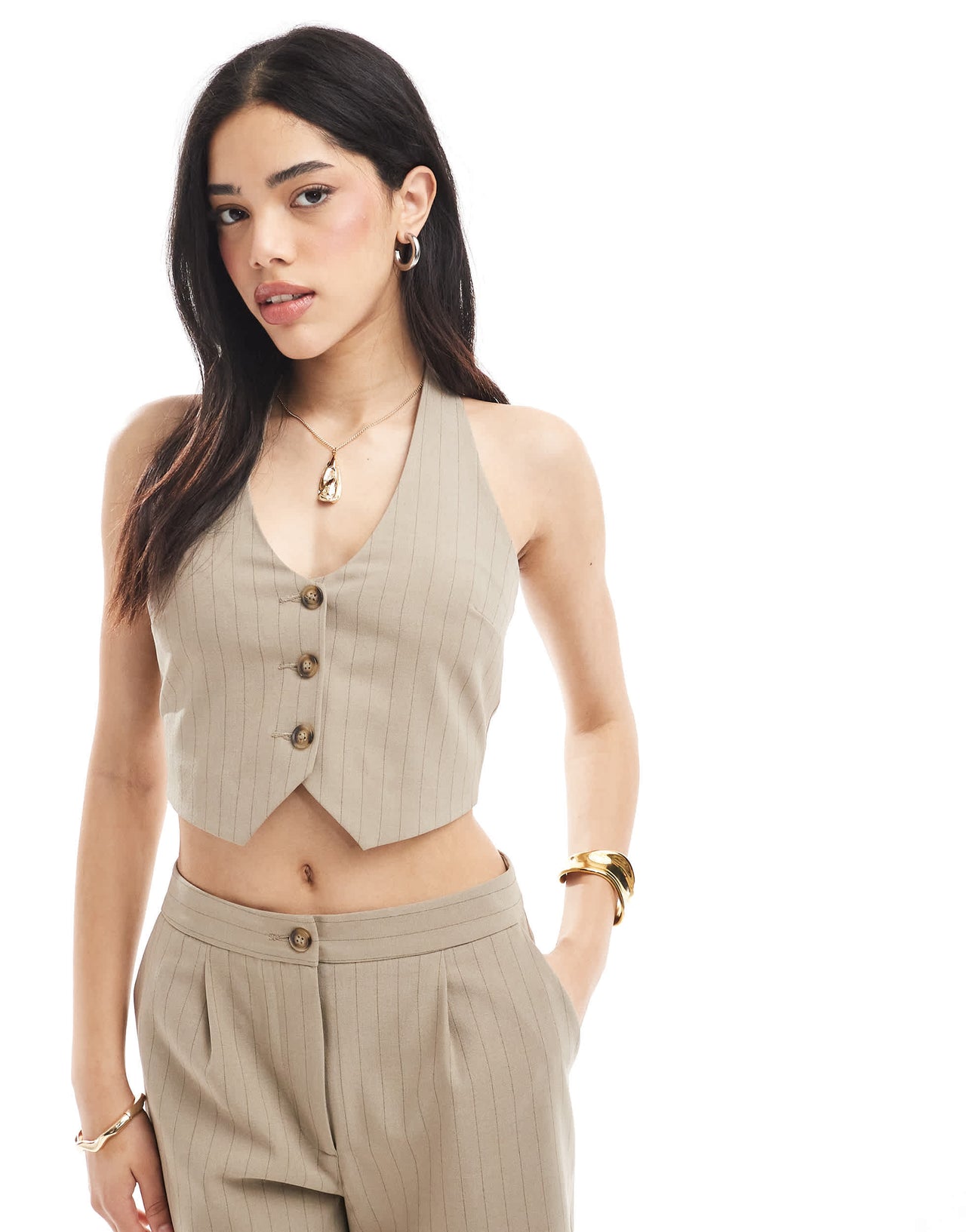 Miss Selfridge co-ord tailored halter waistcoat in brown pinstripe