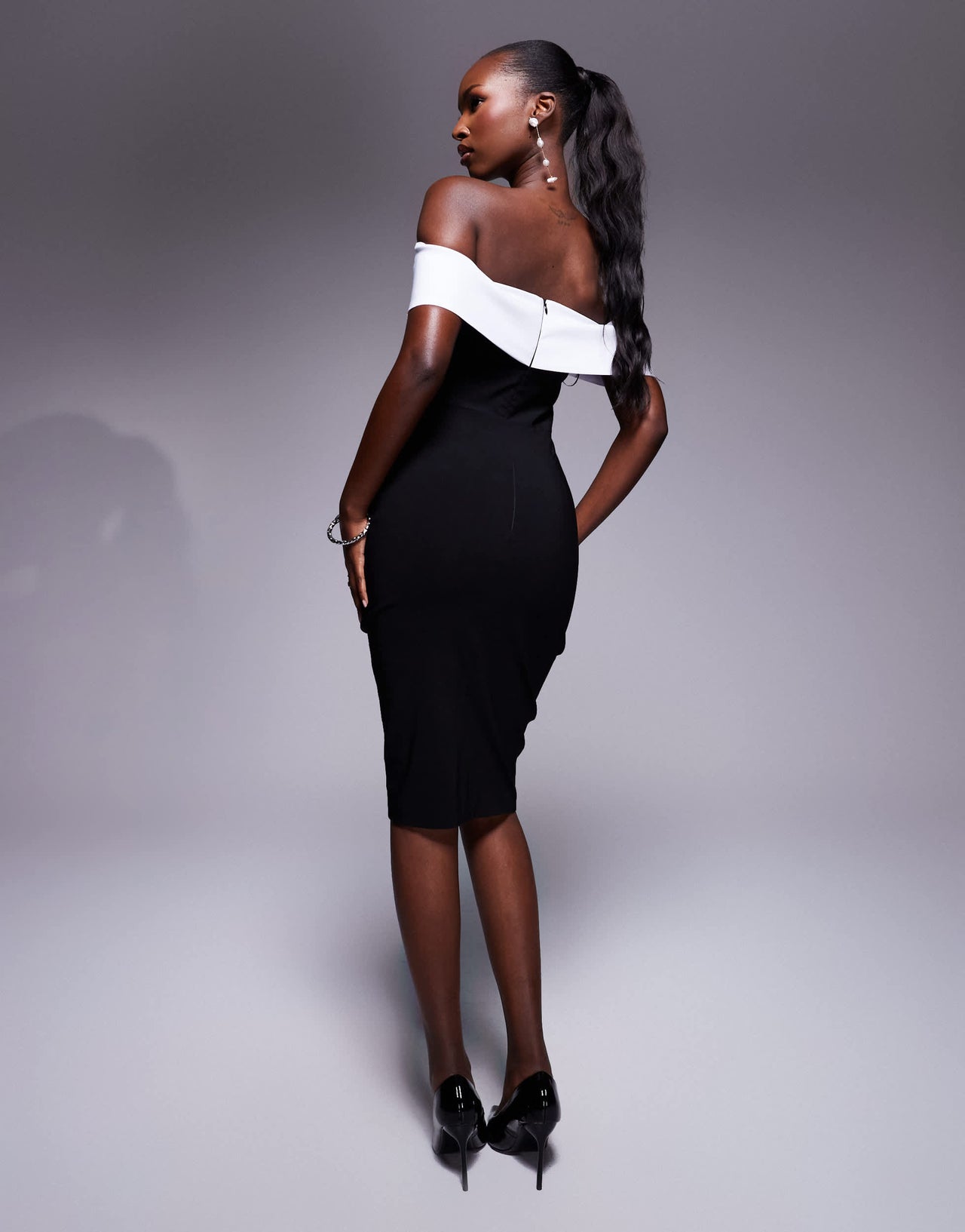 Vesper bengaline off shoulder midi dress in mono contrast