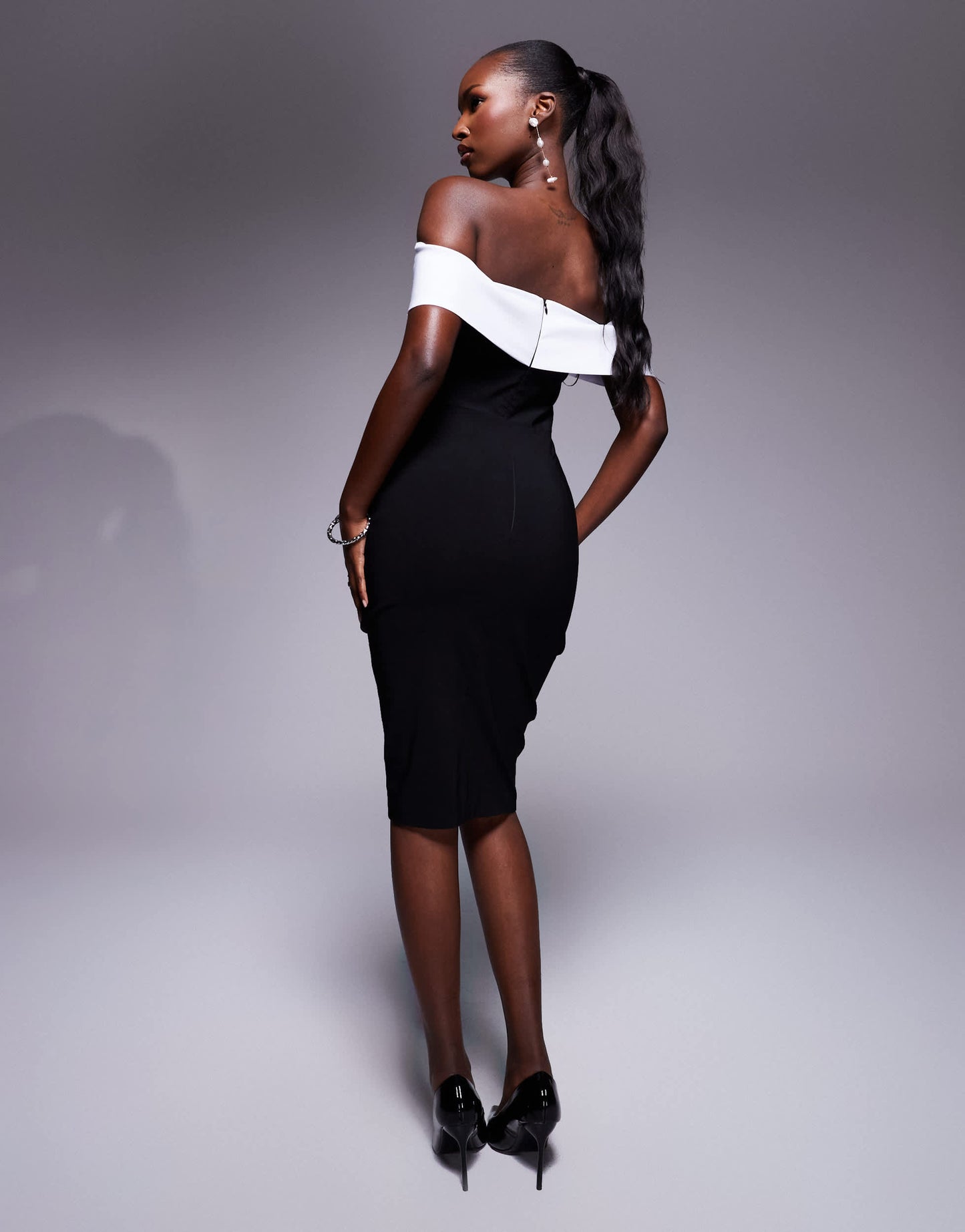 Vesper bengaline off shoulder midi dress in mono contrast