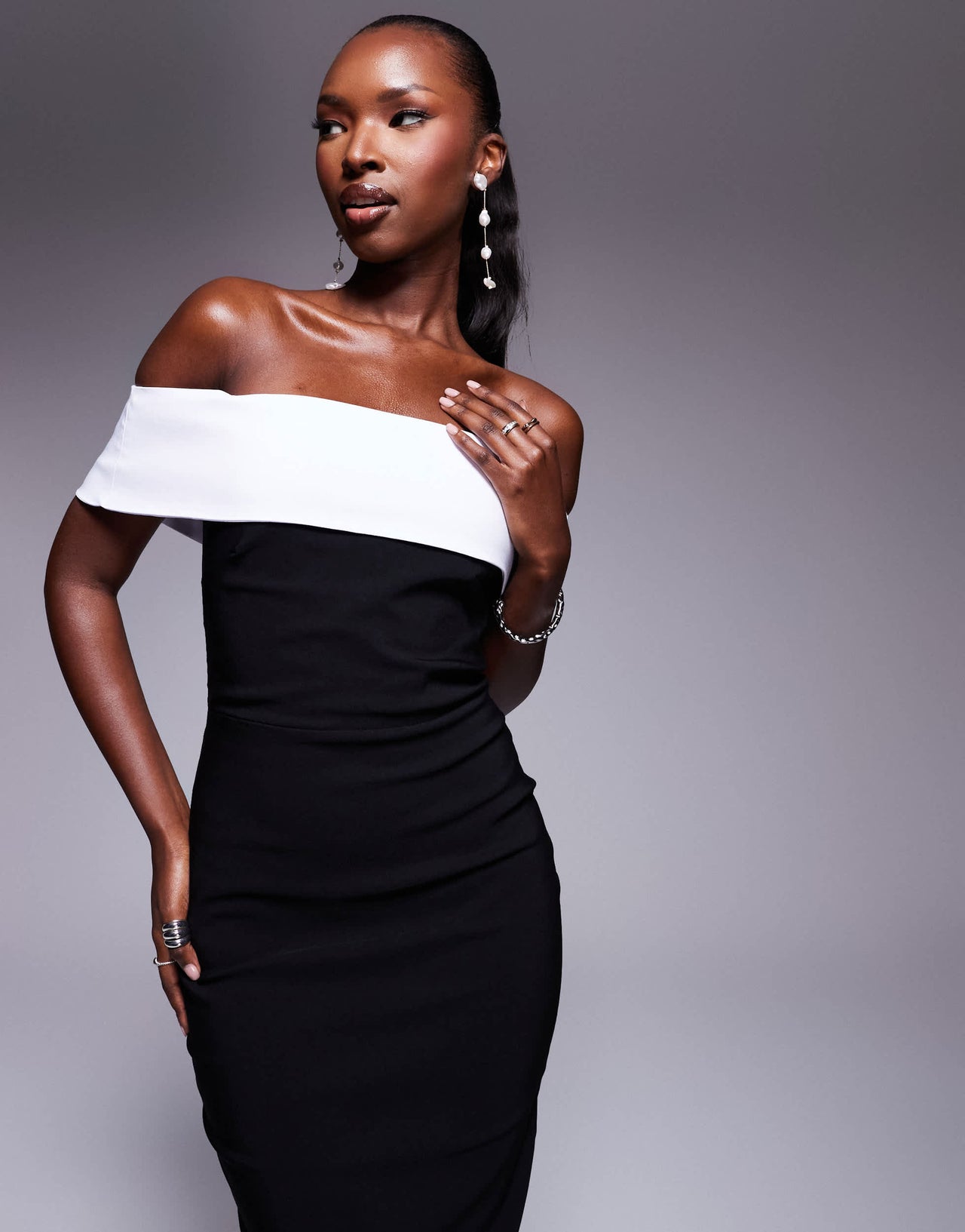 Vesper bengaline off shoulder midi dress in mono contrast