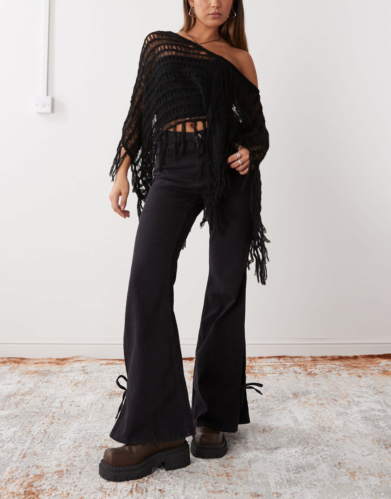 Monki wide leg trousers with tie bow detail in washed black