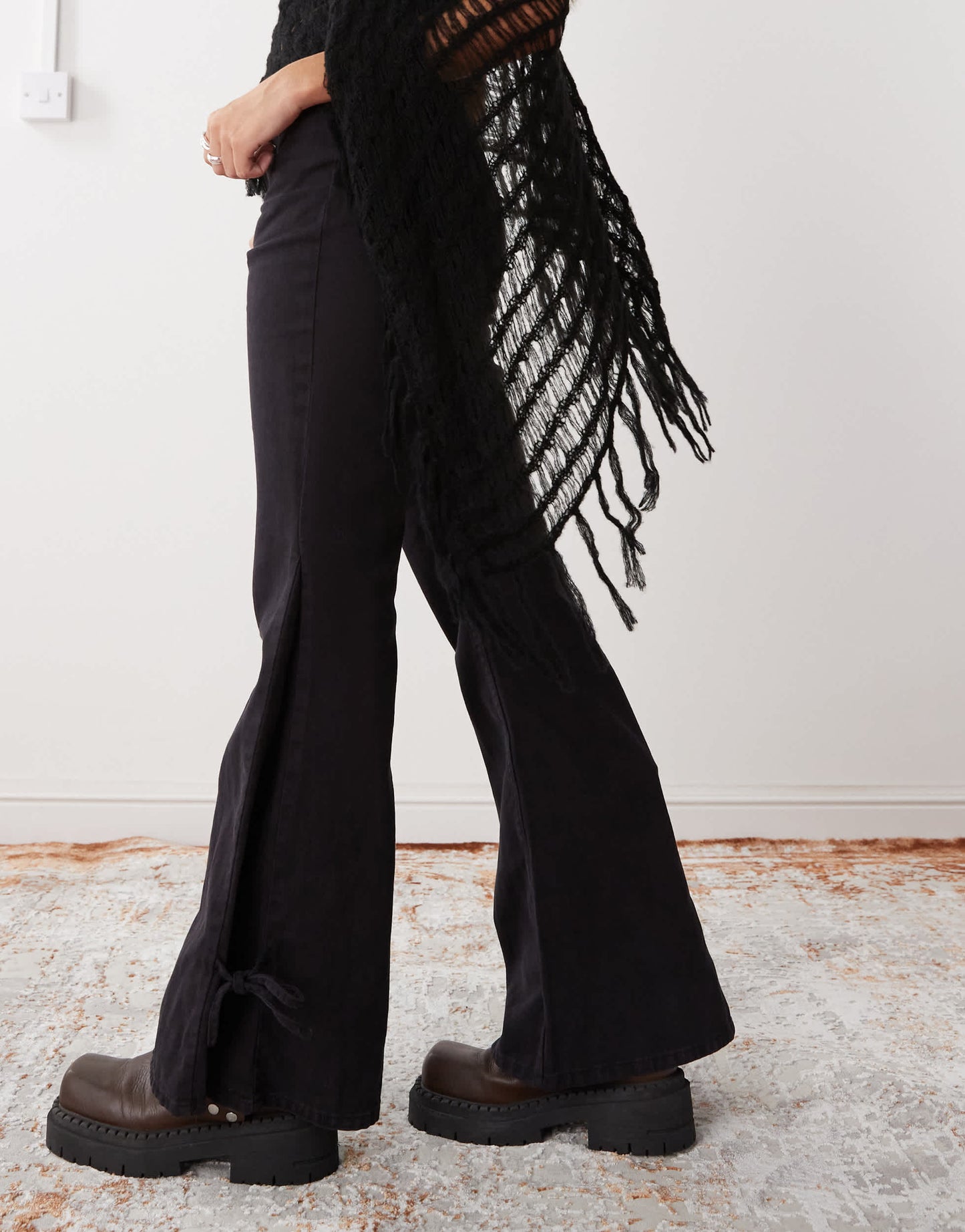 Monki wide leg trousers with tie bow detail in washed black